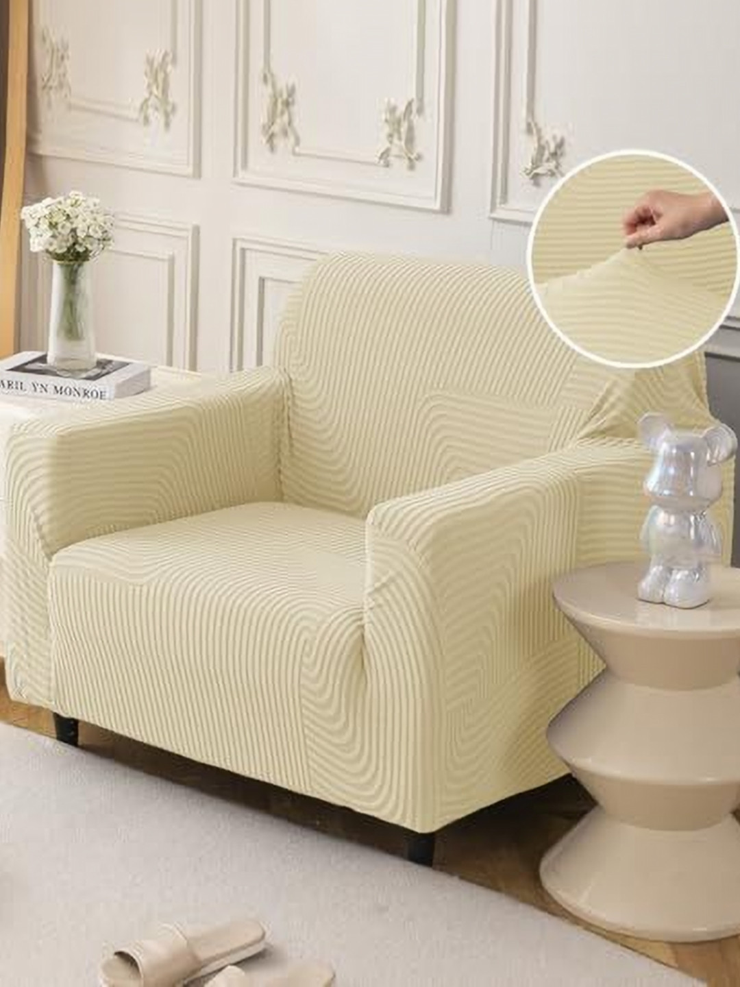 HOUSE OF QUIRK Cream Jacquard Soft Touching 1 Seater Sofa Cover