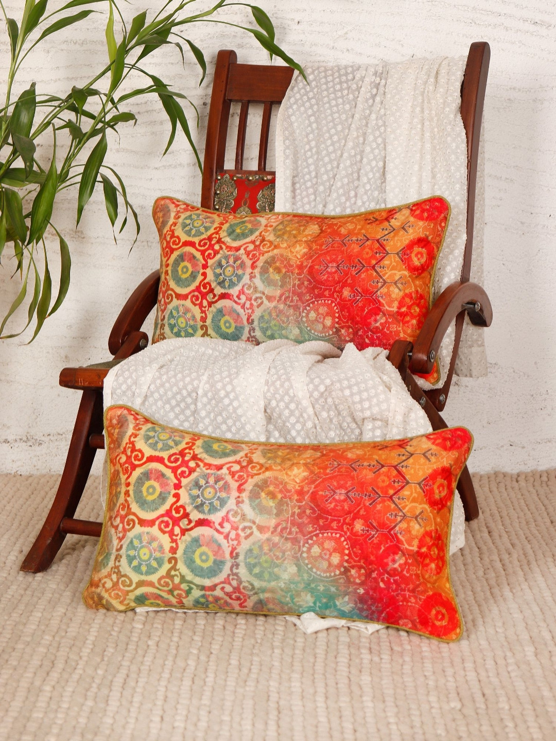 ZEBA Orange Colored & Green 2 Pieces Ethnic Motifs Embroidered Rectangle Cushion Covers