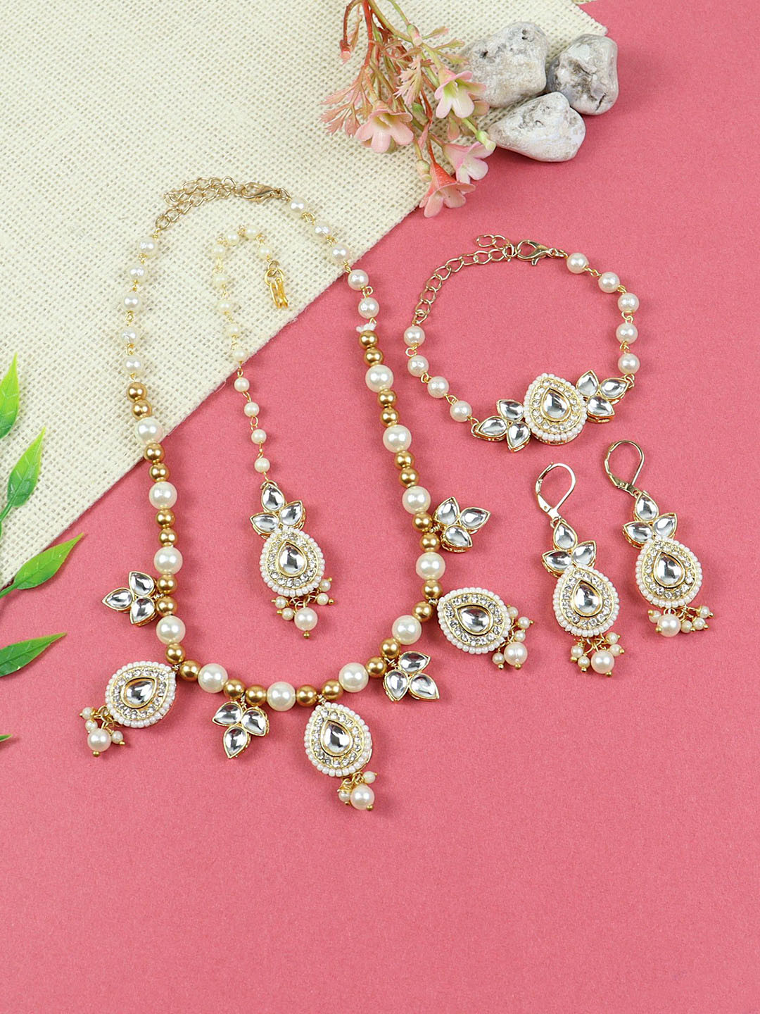 Asthetika Kids Girls Kundan Stone Studded & Beaded Necklace & Earrings Maang Tika Bracelet