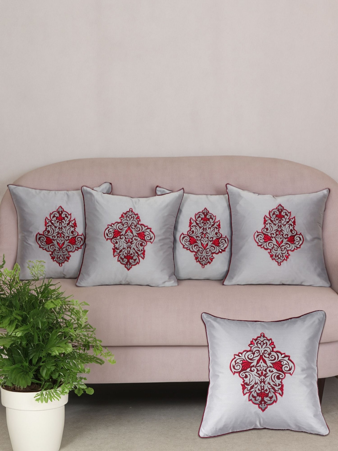 ZEBA Silver Toned & Pink 5 Pieces Ethnic Motifs Embroidered Square Cushion Covers