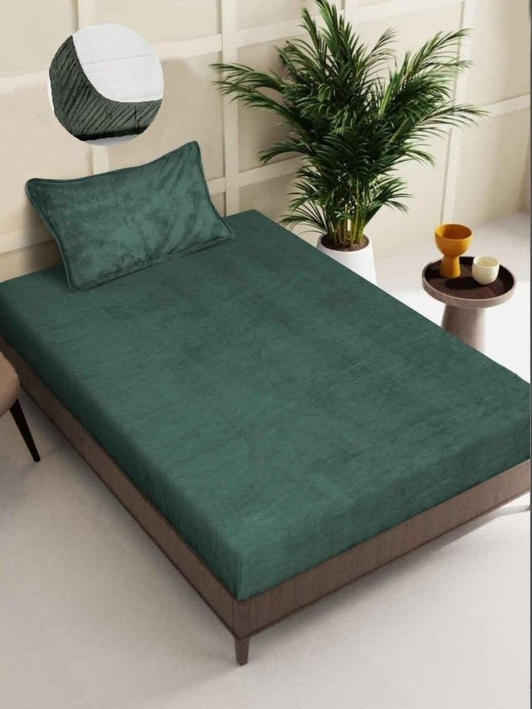 MORADO Green Wool 260 TC Fitted Single Fine Bedsheet with a Pillow Cover-36 x 72 inches