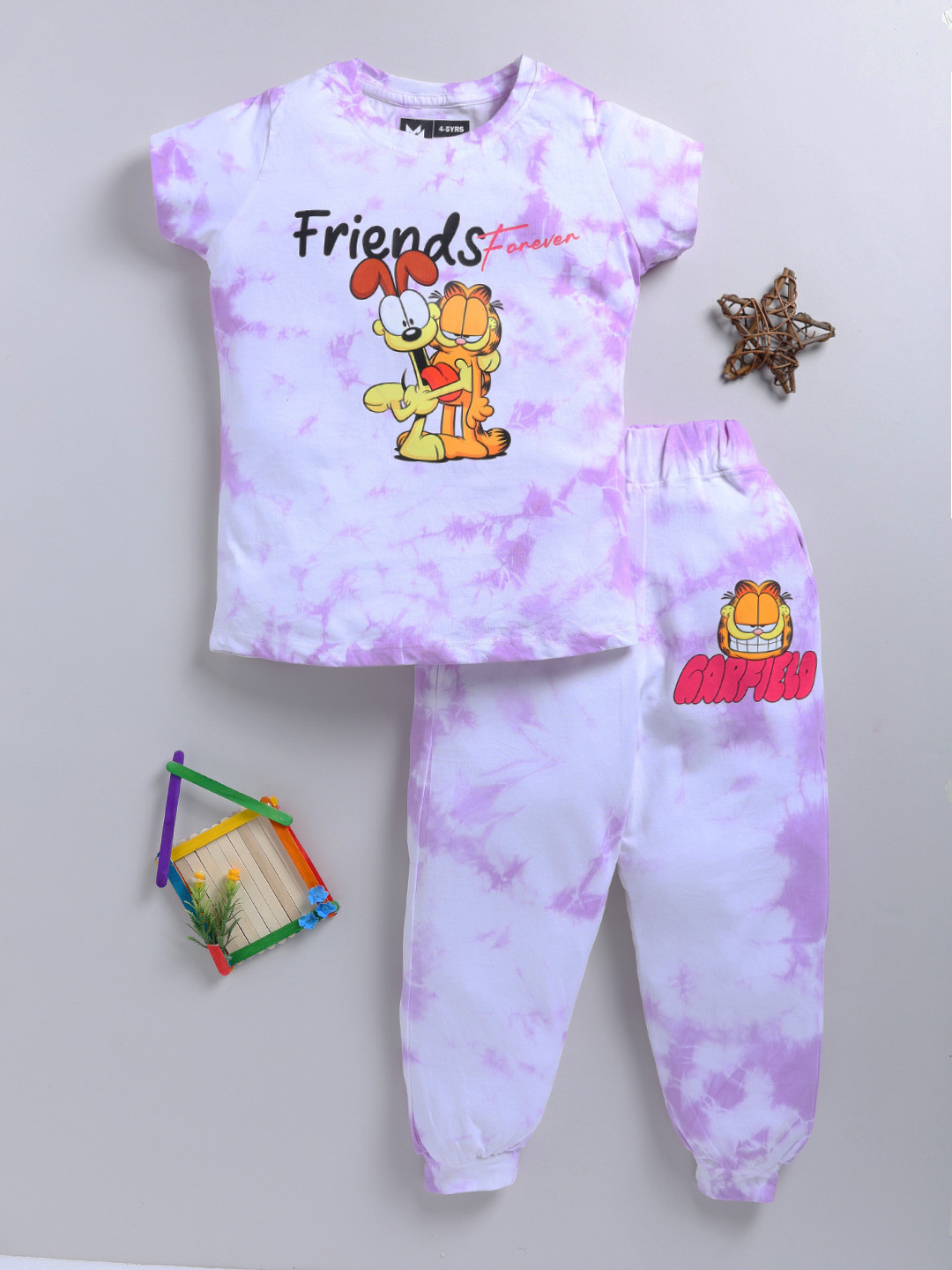 YK X Minute Mirth Girls Garfield Printed Pure Cotton Dyed T-shirt & Joggers