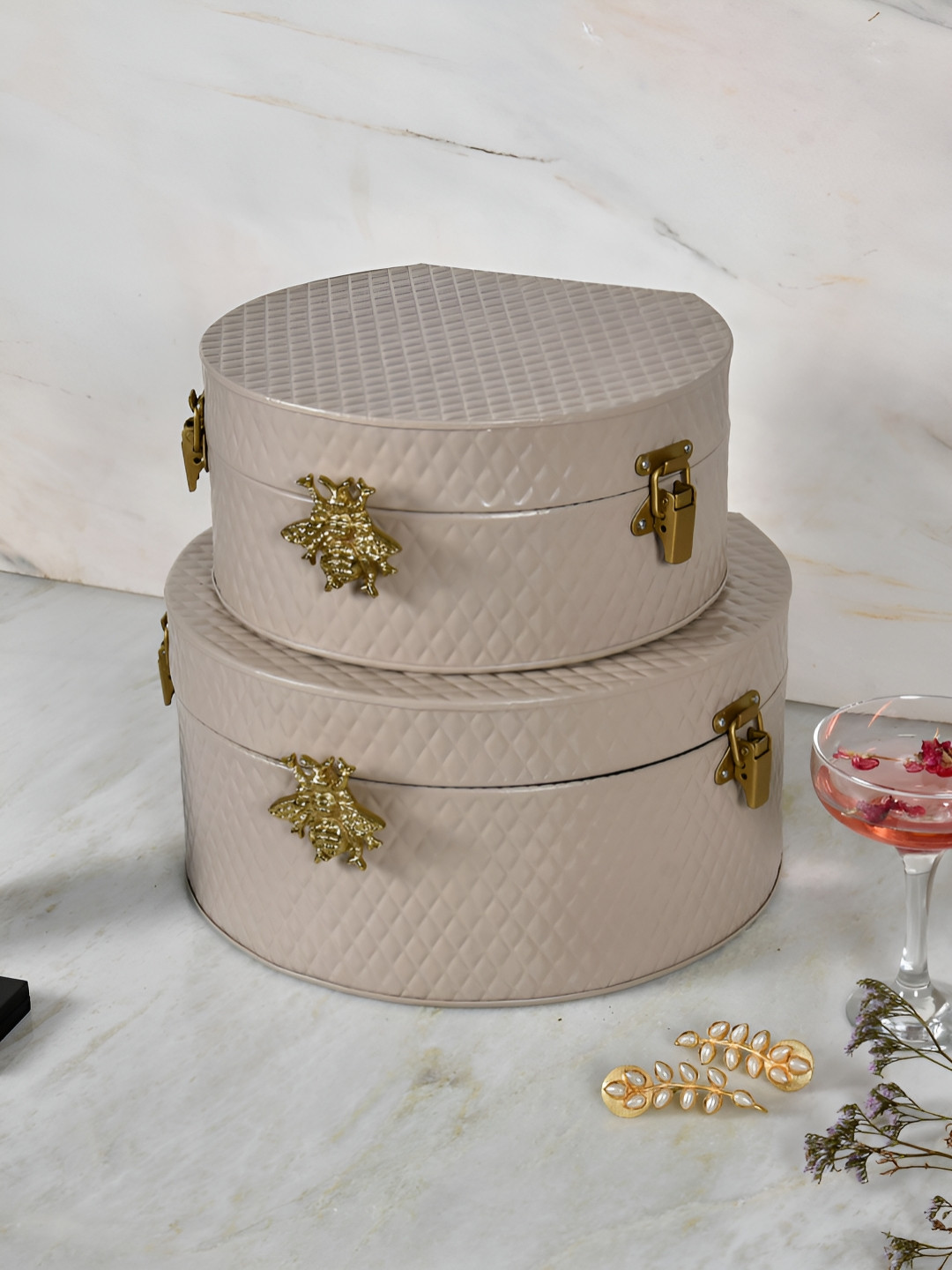 Living With Elan The Royal Hive Beige 2 Pieces Textured Metal Trunk Box Organisers