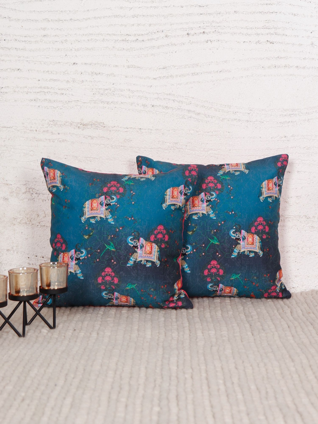 ZEBA Blue & Black 2 Pieces Mughal Elephant Embroidered Square Cushion Covers
