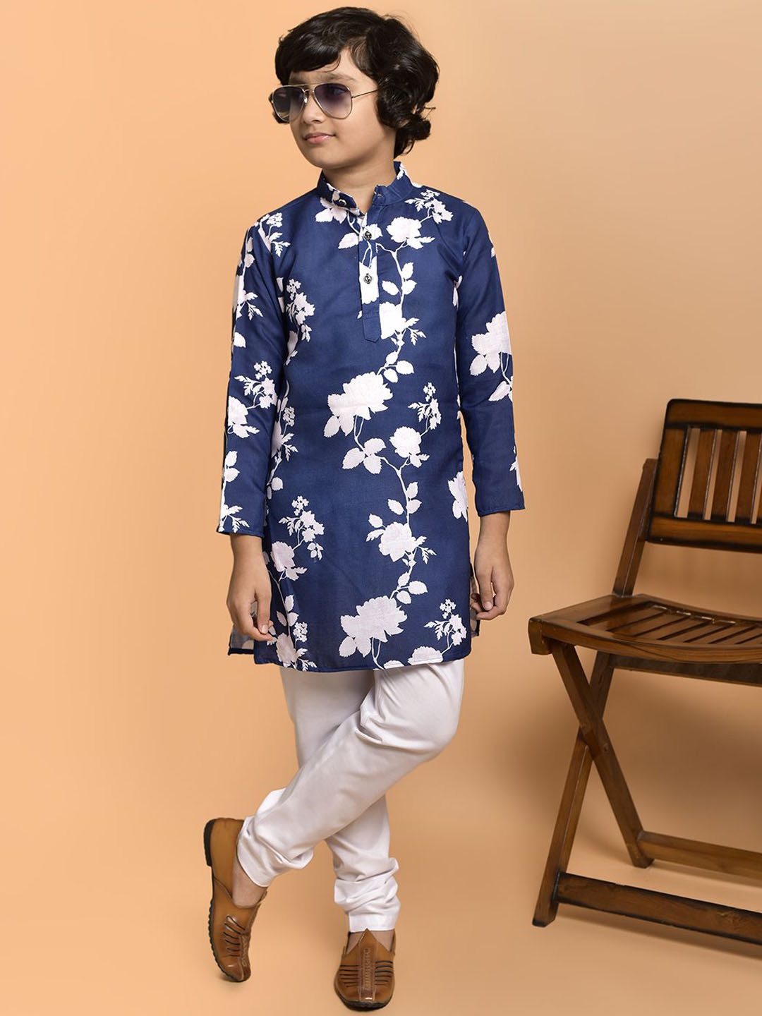 PRINTCULTR Boys Floral Printed Band Collar Cotton Straight Kurta