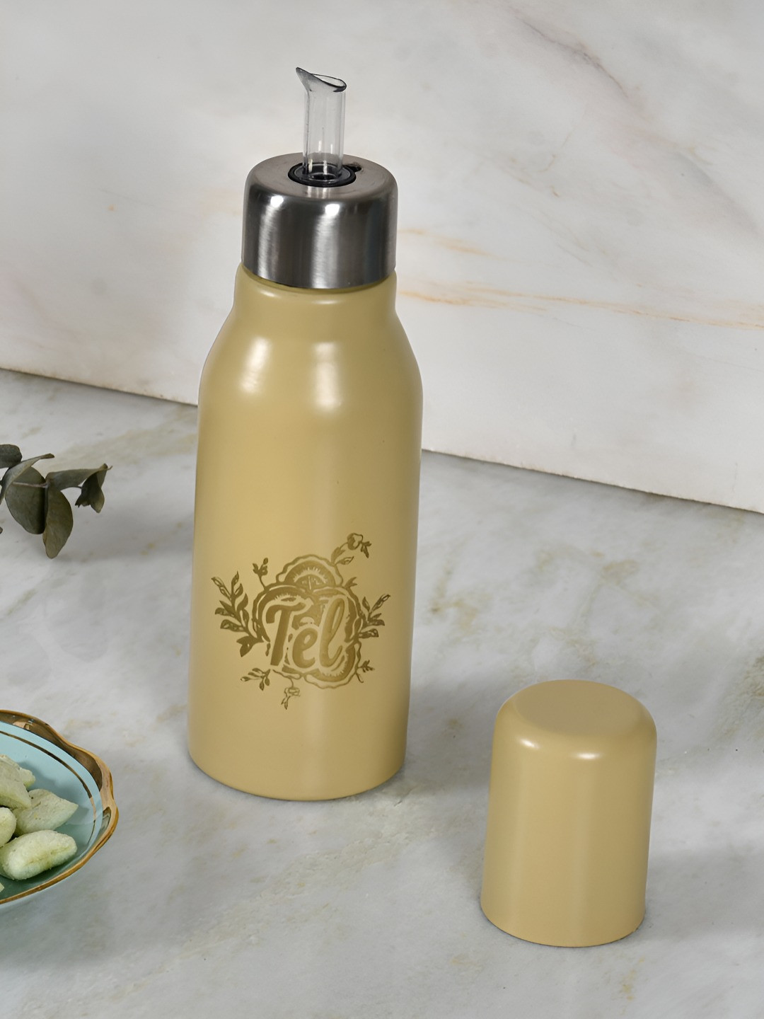 Living With Elan Gingham & Blooms Yellow Typography Printed Oil Dispenser 500 ml