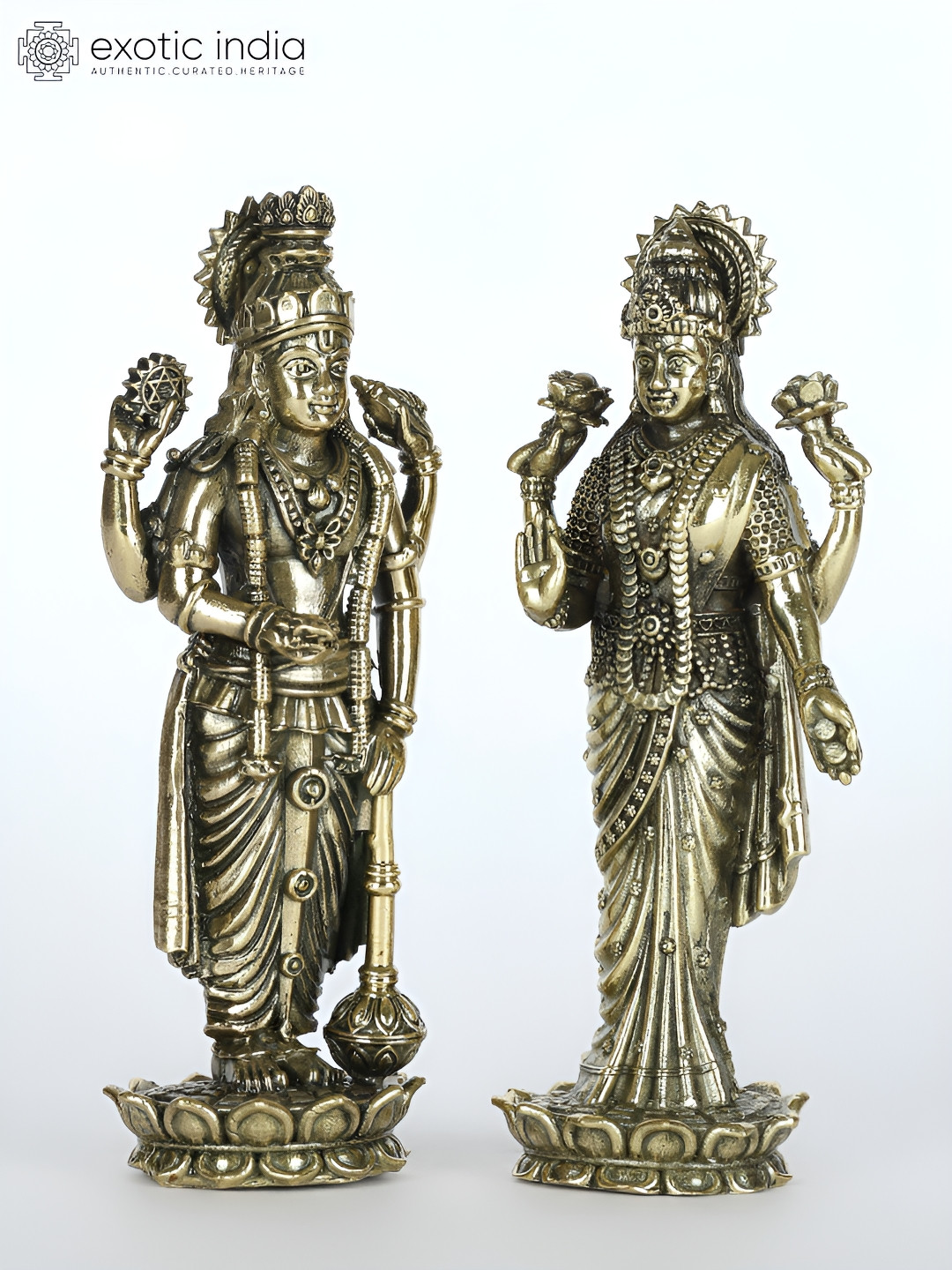 Exotic India Standing Lakshmi Narayan Gold Brass Metallic Prayer Room Set of 2 Tiny Showpieces - 3.9 Inches