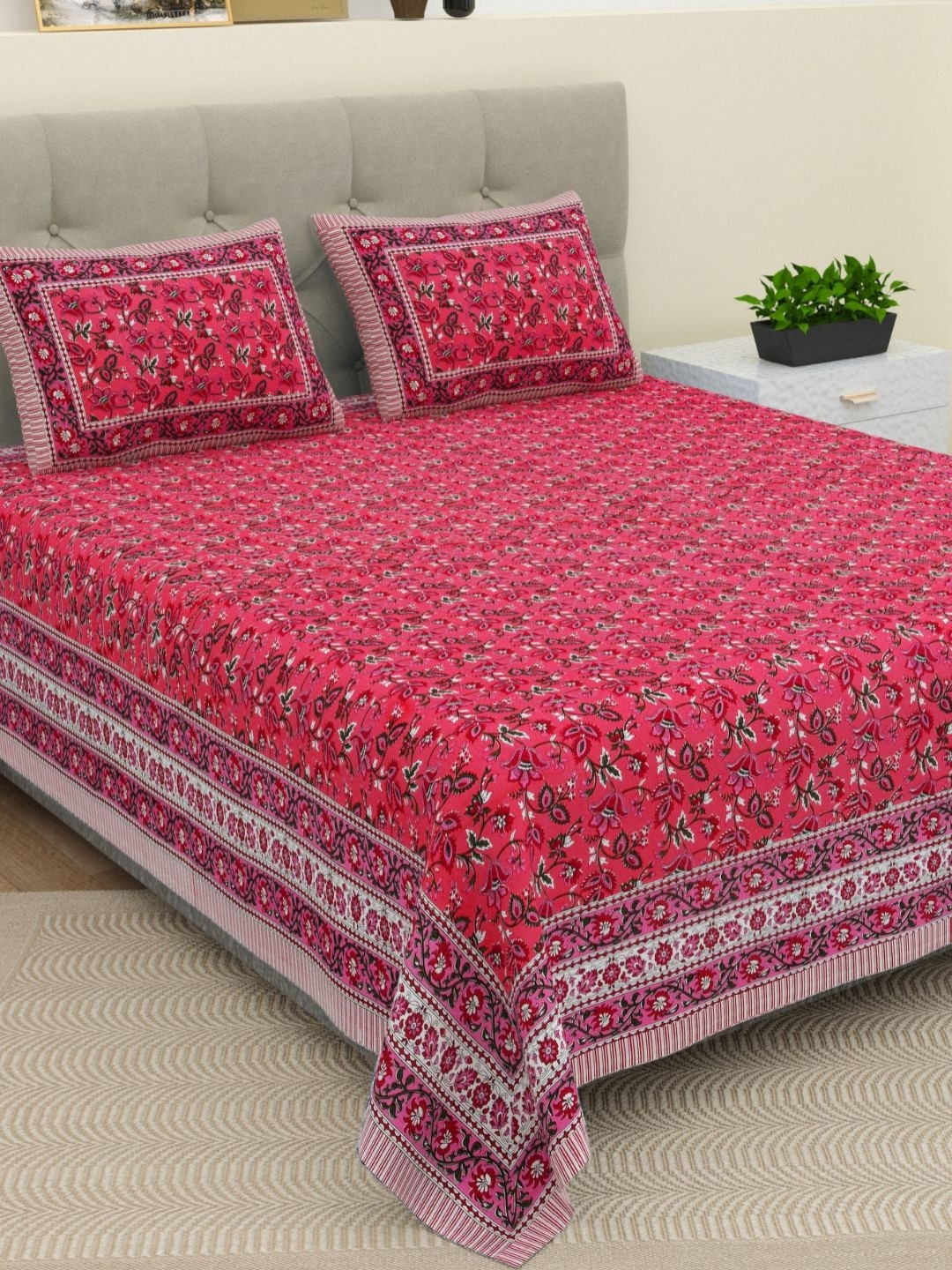 The Craft Monk Pink Floral Pure Cotton 210 TC King Fine Bedsheet with 2 Pillow Covers-108 x 89 inches