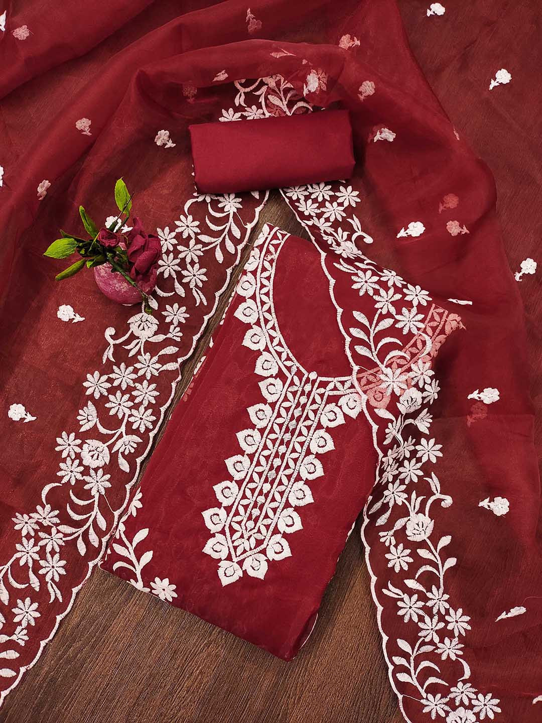 Ishin Rust Floral Embroidered Organza Unstitched Dress Material