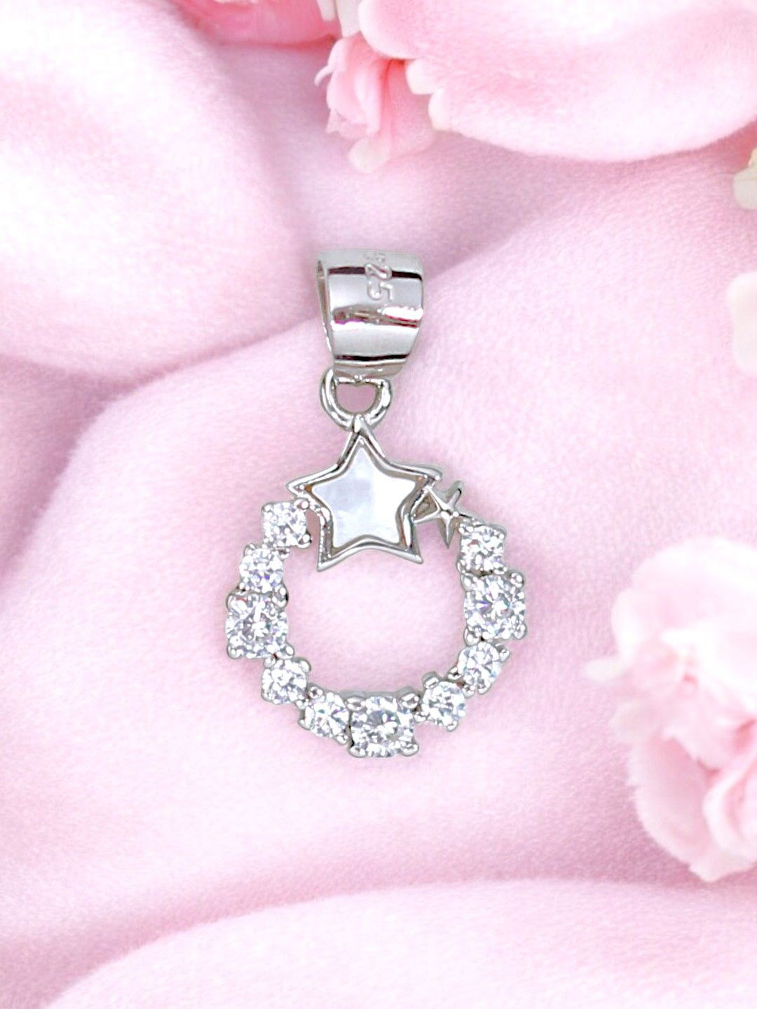 Taraash 925 Sterling Silver Rhodium-Plated CZ Studded & Mother of Pearl Round Star Pendant