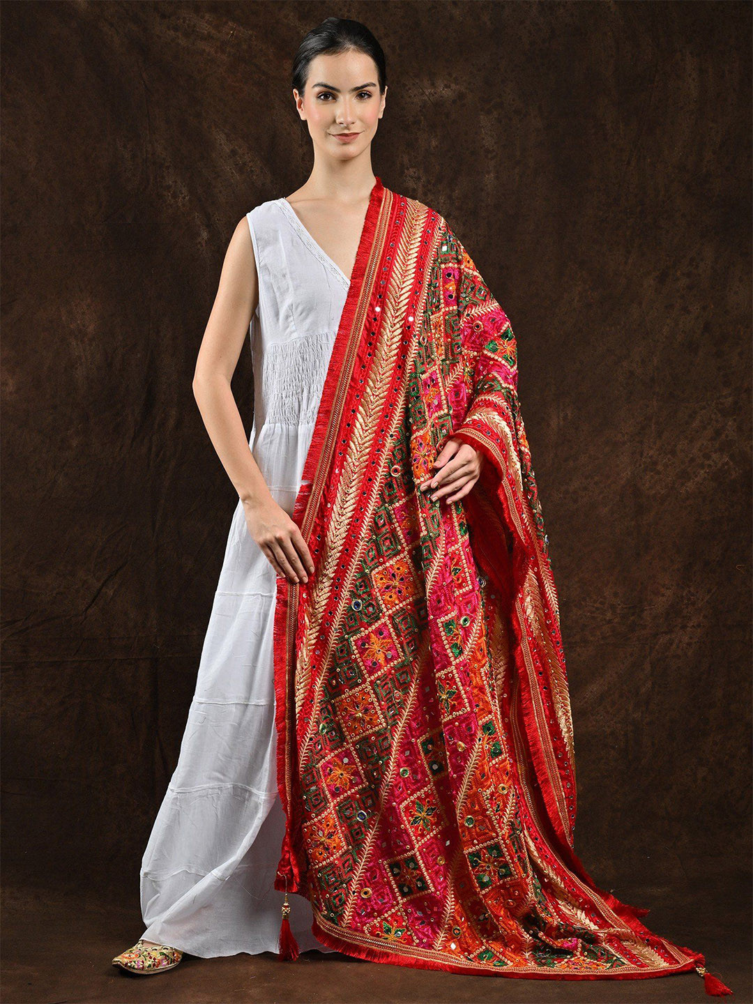 Exotic India Racing Red Reversible Woven Paisleys & Flowers in Thread Jamawar Stole