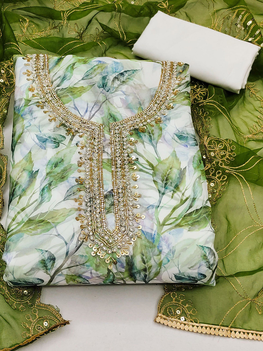 Ishin Green & White Tropical Printed Organza Unstitched Dress Material