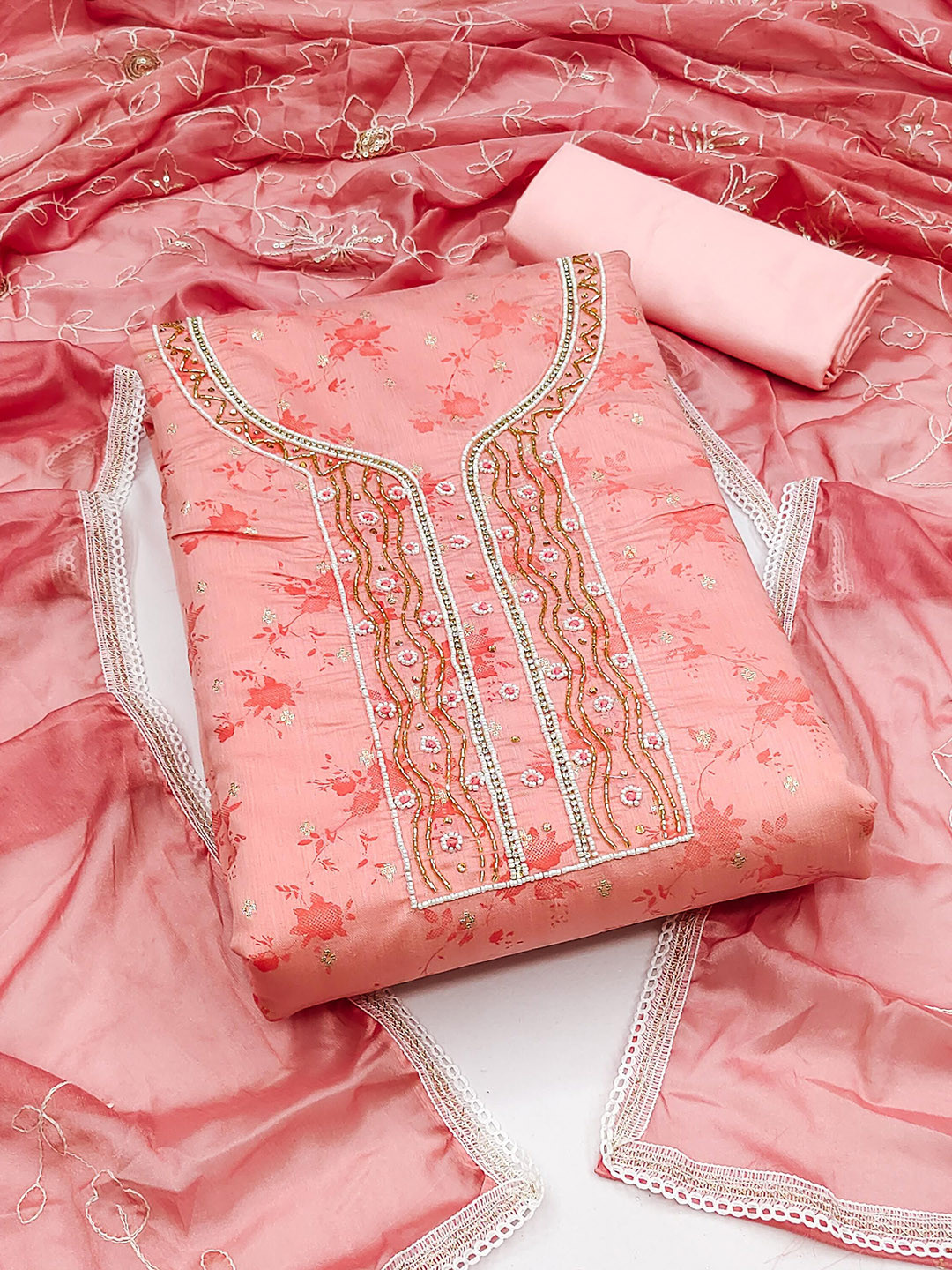 Ishin Peach-Coloured & White Floral Printed Organza Unstitched Dress Material