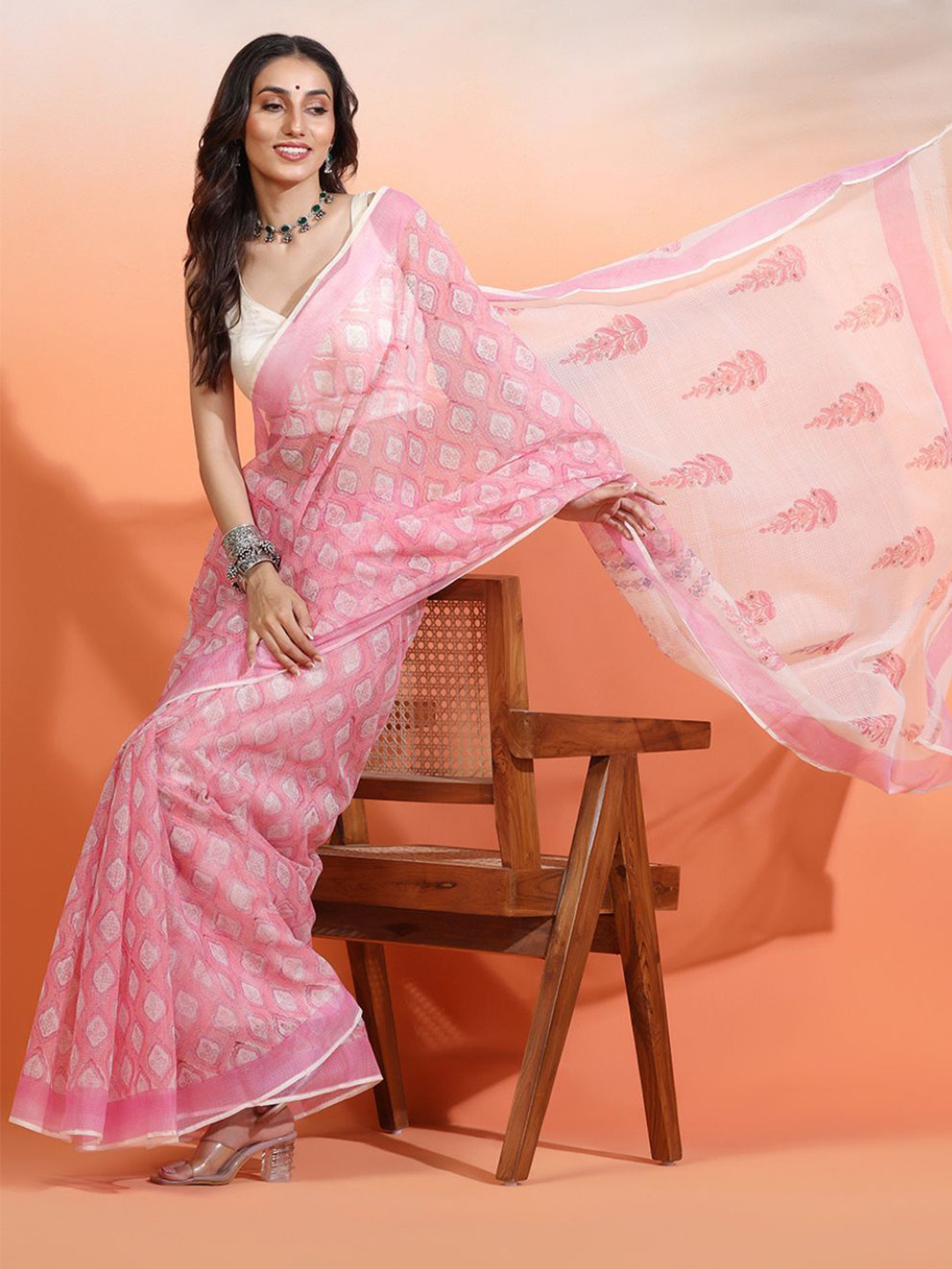 ADITRI Handloom Ethnic Motifs Pure Cotton Kota Doria Block Print Saree