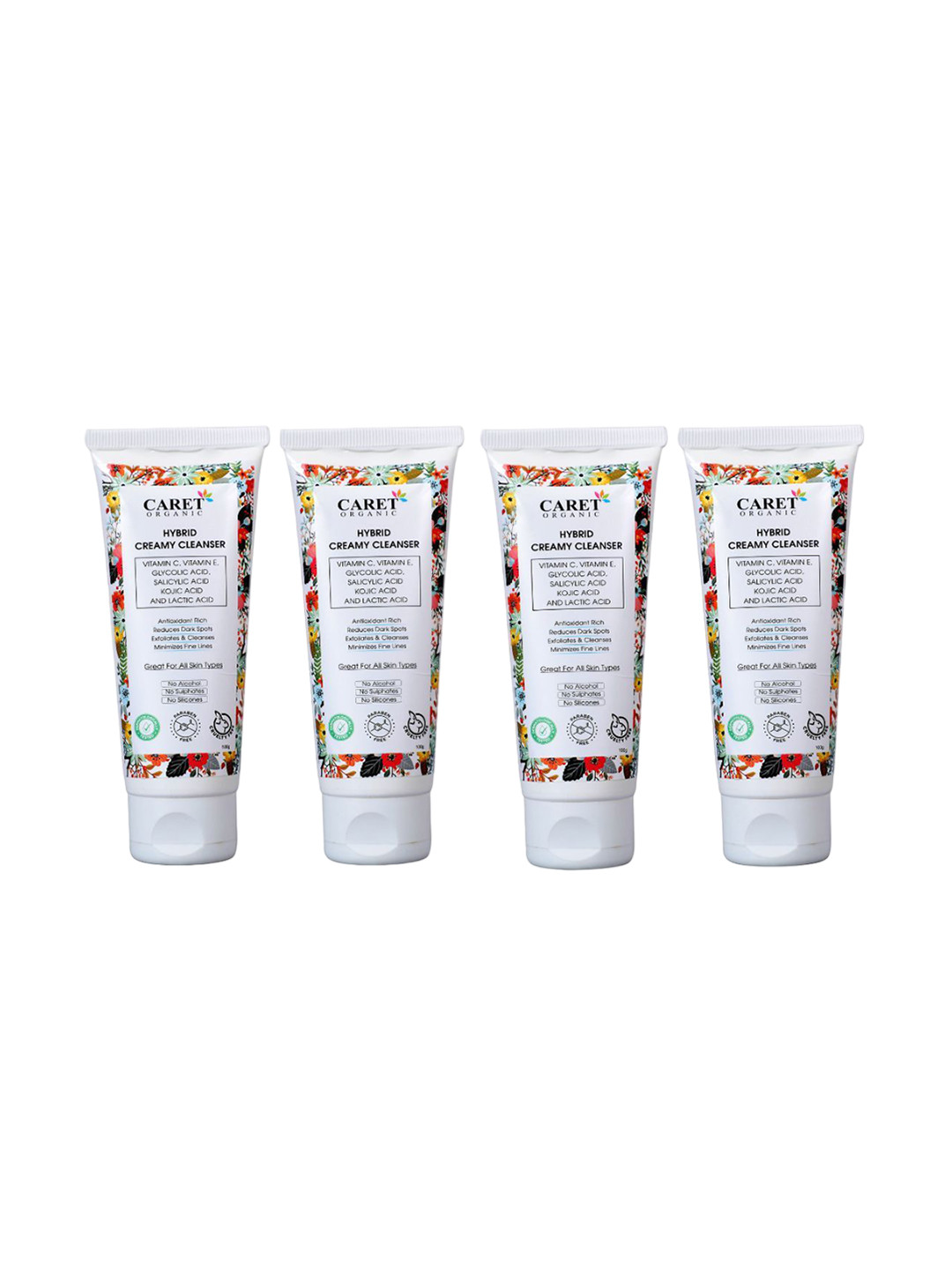 CARET ORGANIC Set Of 4 Hybrid Creamy Cleanser Face Wash With Lactic Acid-100g Each