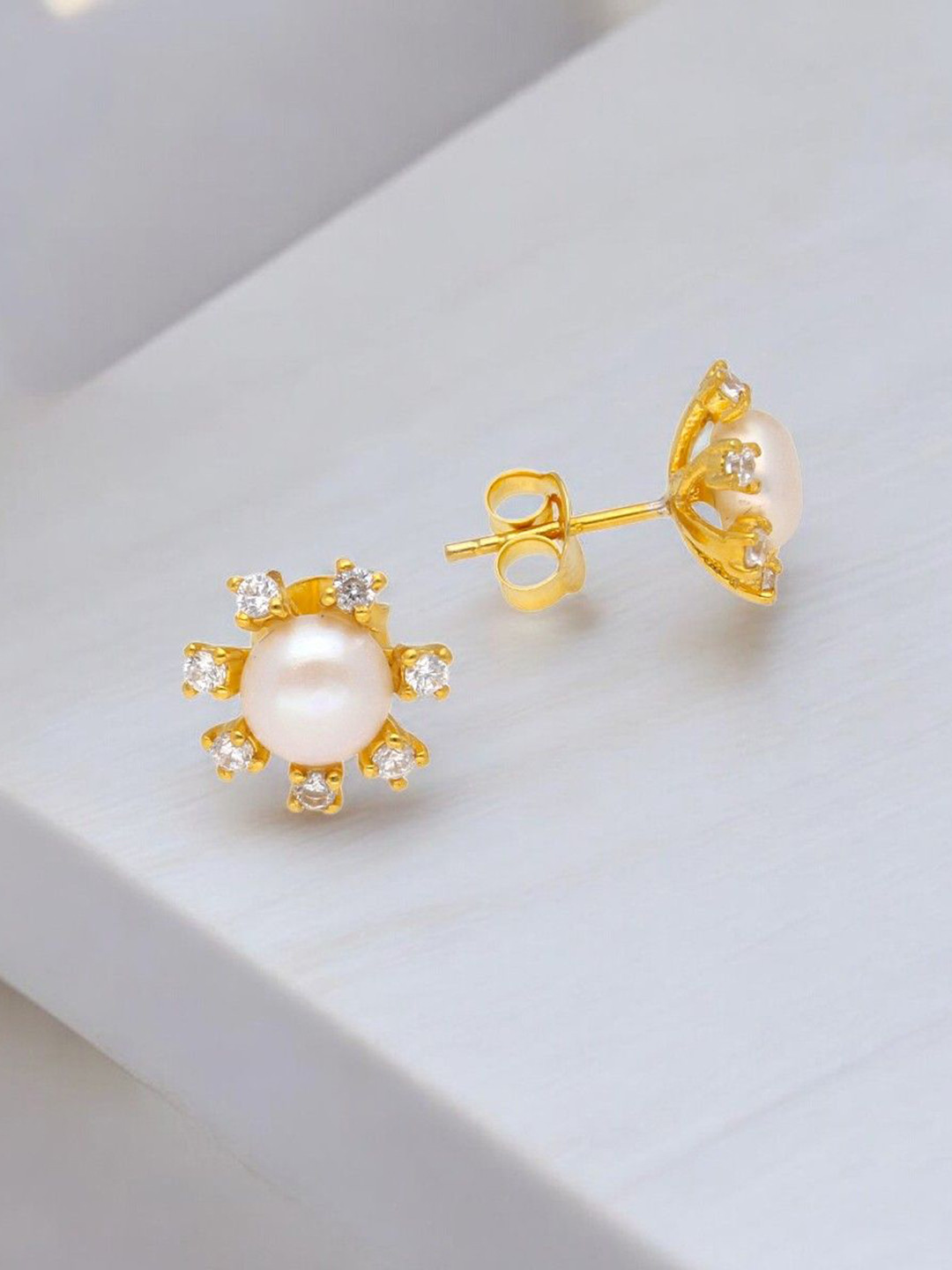 Sri Jagdamba Pearls Dealer Zora 925 Sterling Silver Gold-Plated Beaded Floral Studs