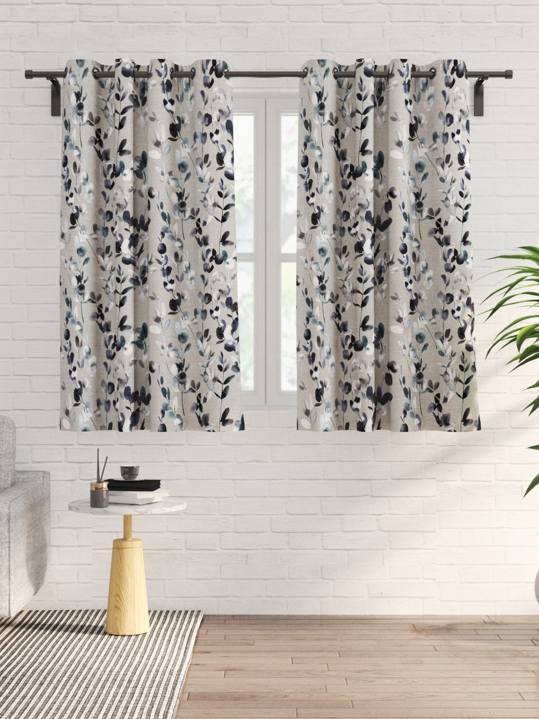 Home Centre Corsica Florish Grey & White 2 Pieces Floral Printed Window Curtain