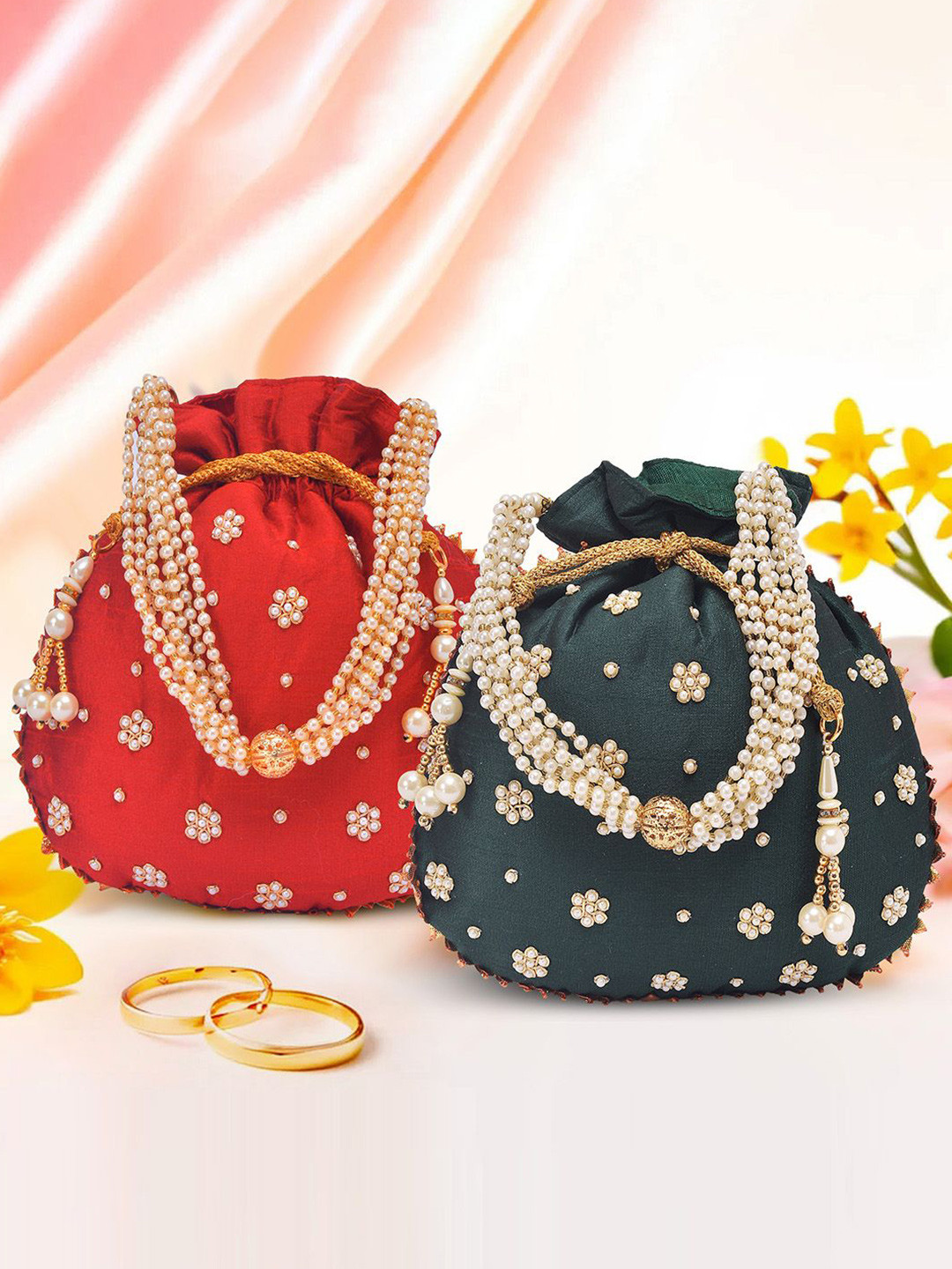 Kuber Industries Set of 2 Moti Embroidered Potli Bags