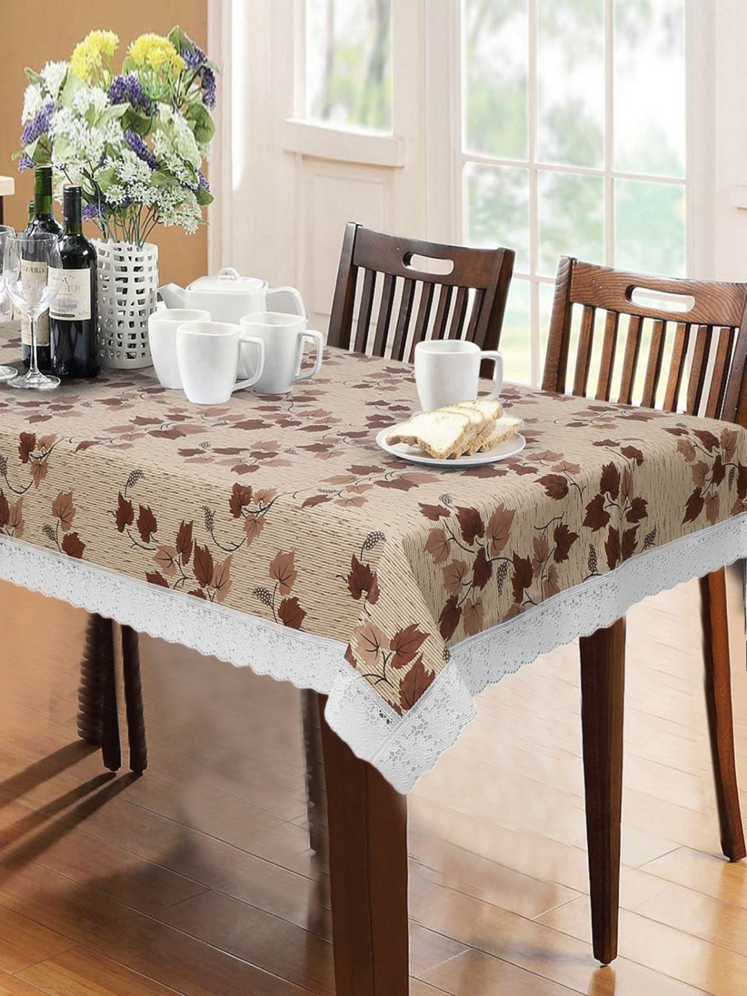 LooMantha Beige Tropical Printed Waterproof Plastic 6-Seater Table Cover