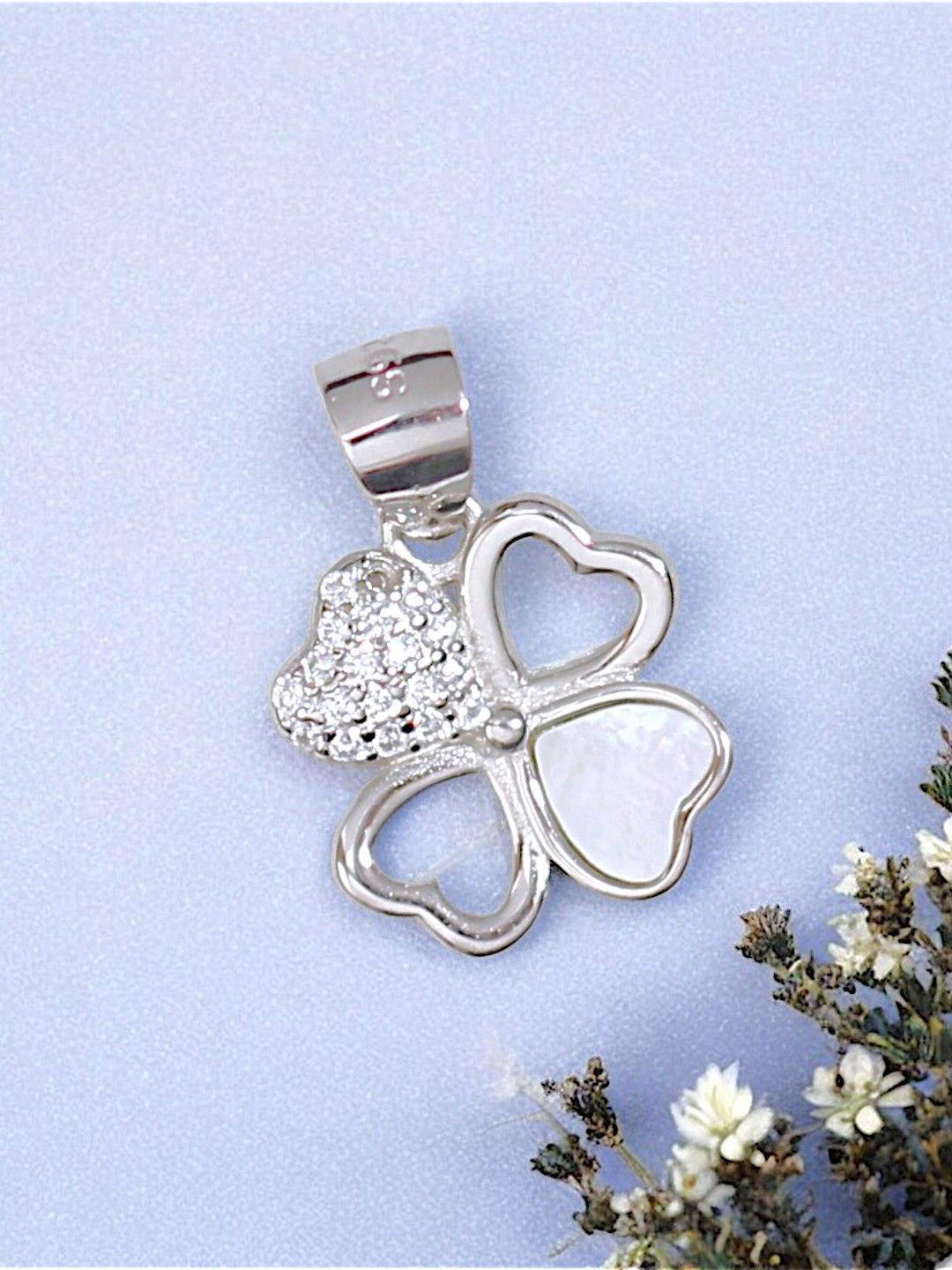 Taraash 925 Sterling Silver Rhodium-Plated  CZ and Mother of Pearl Studded Floral Pendant