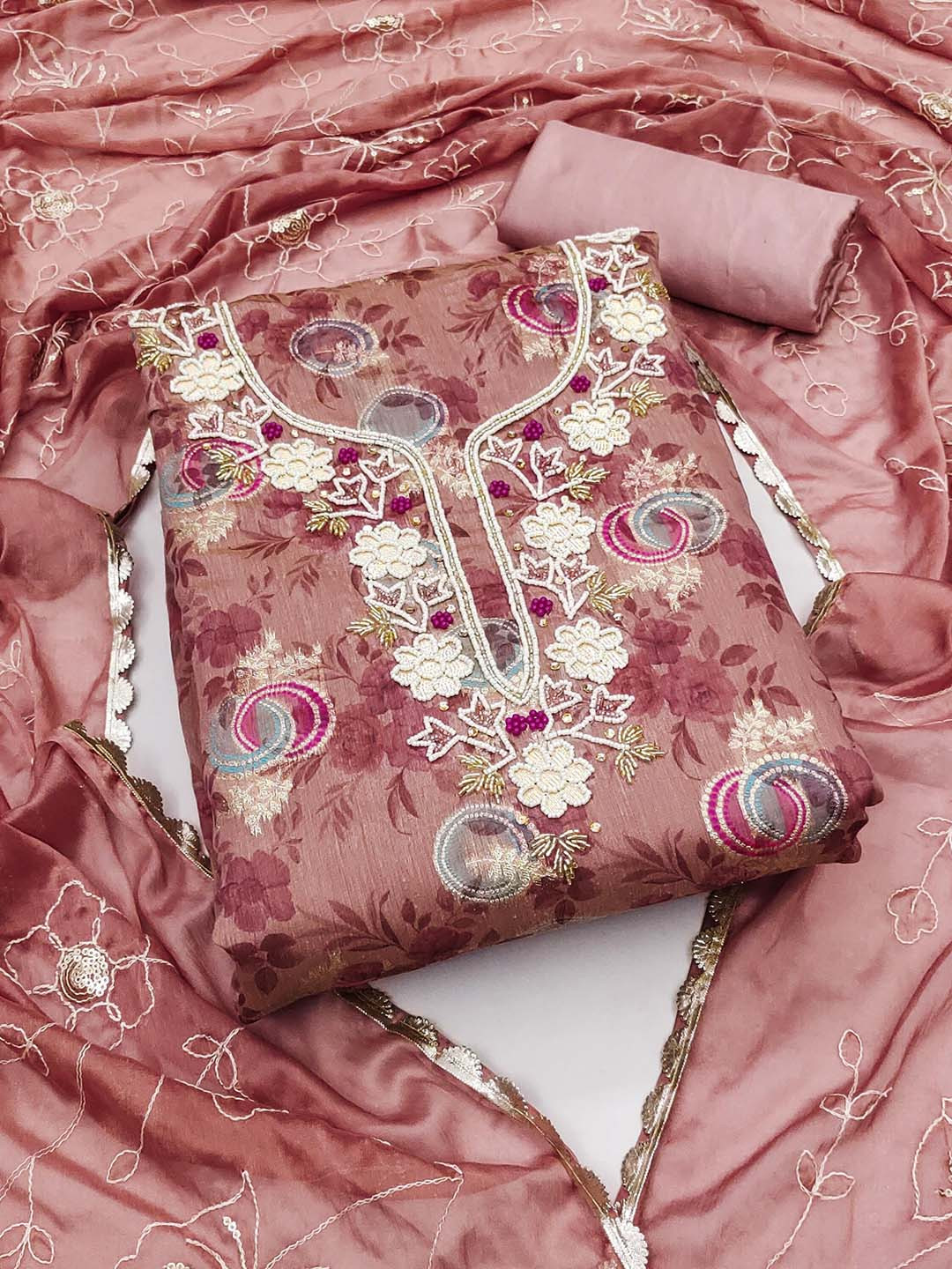 Ishin Purple & Rose Floral Printed Unstitched Dress Material