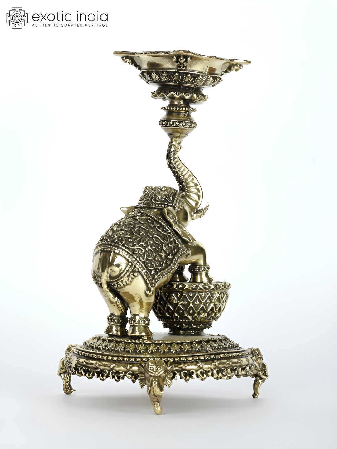 Exotic India Elephant Lamp Gold Brass Metallic Prayer Room Small Showpiece - 6 Inches