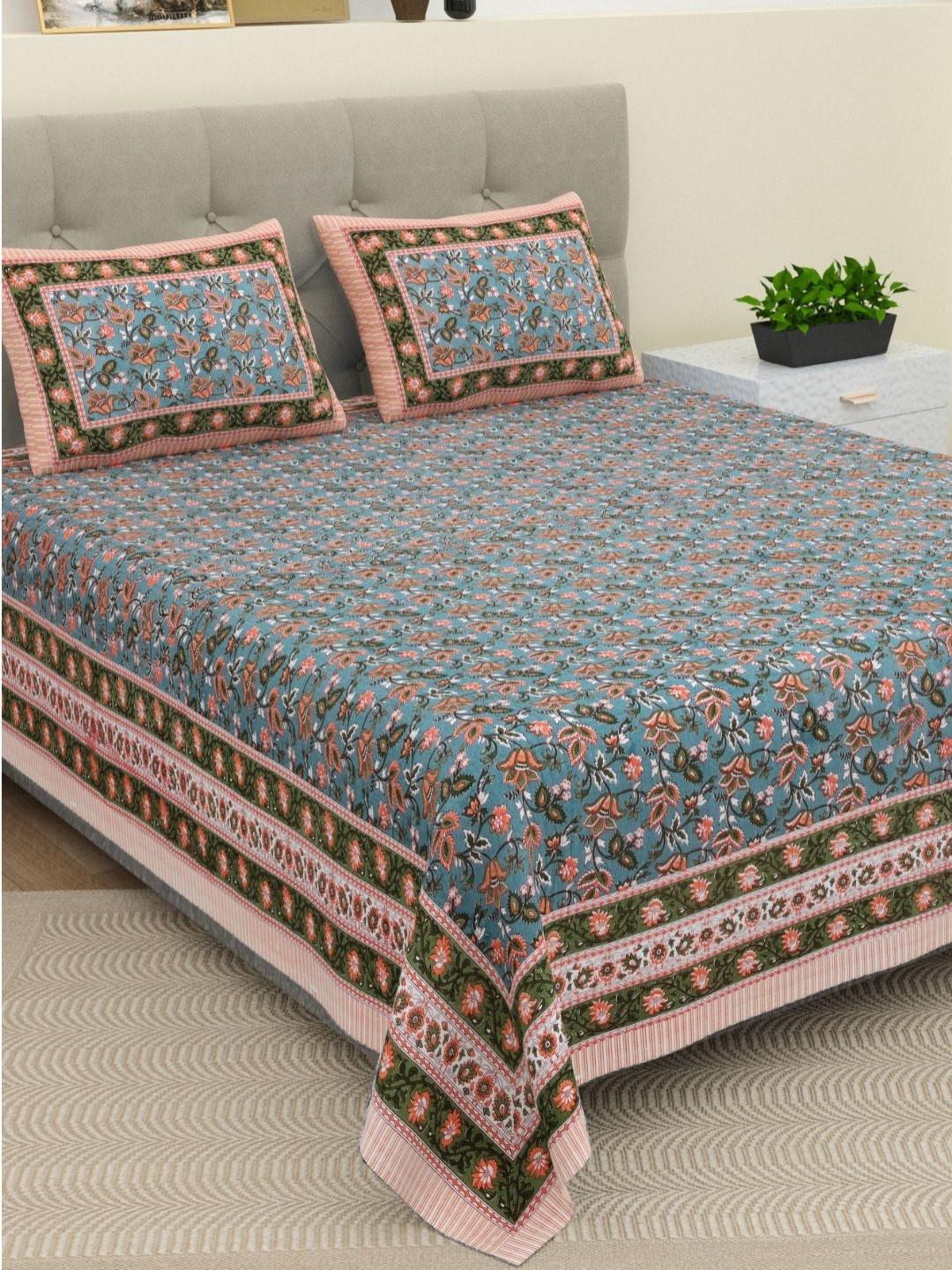 The Craft Monk Green Floral Pure Cotton 210 TC King Fine Bedsheet with 2 Pillow Covers-108 x 90 inches