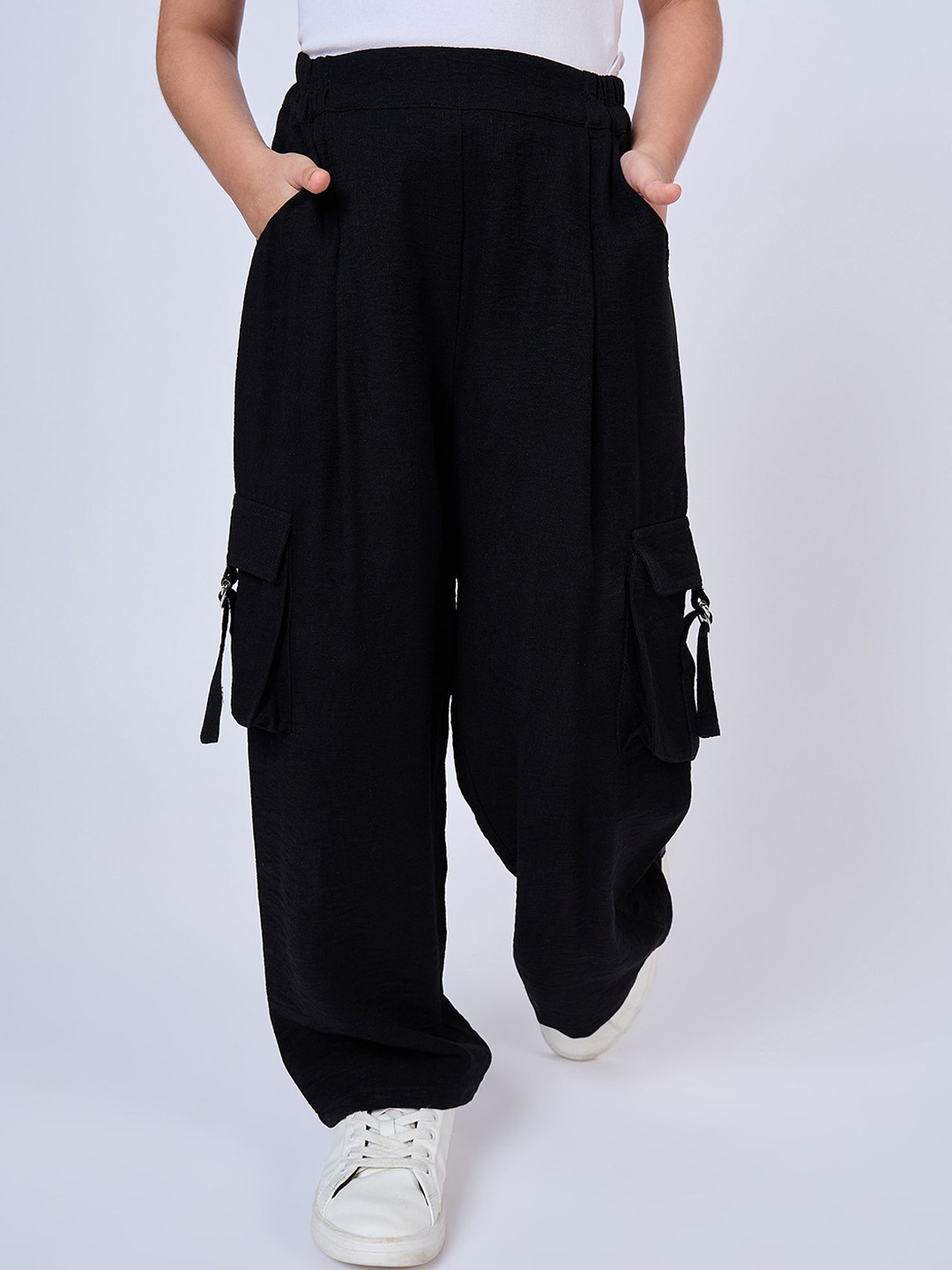 Peppermint Girls Solid Textured Straight Fit Trousers