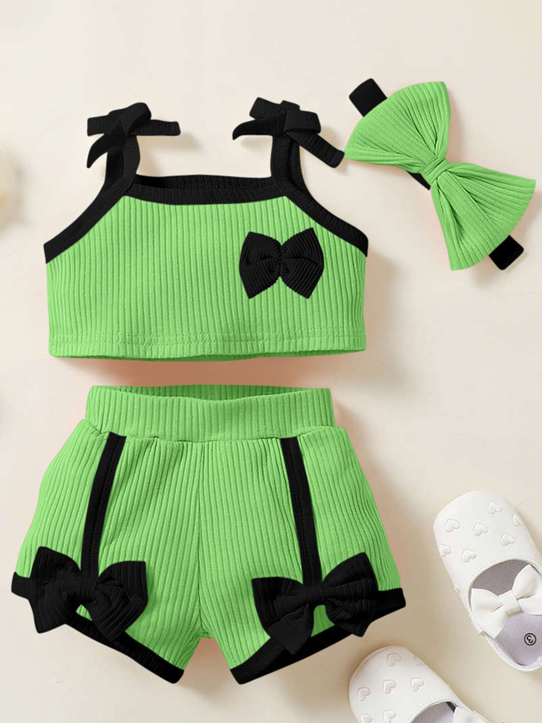 Emblica Unisex Kids Self Design Shoulder Straps Bow Detailed Crop Top With Shorts