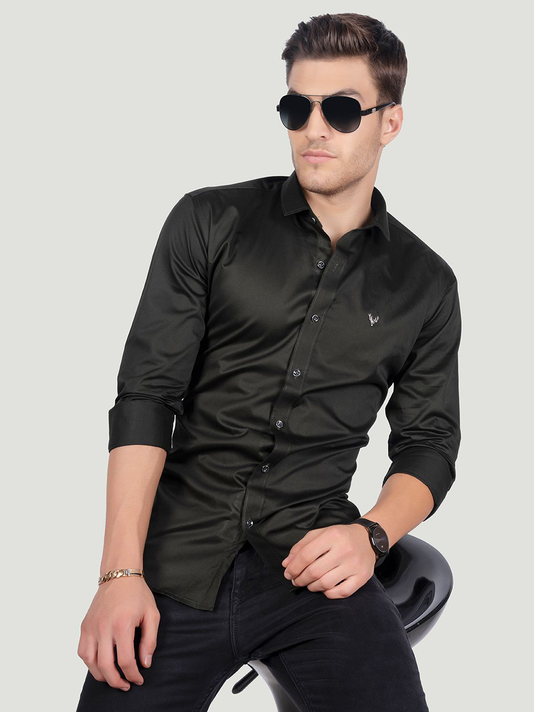 ALMATY Men Comfort Spread Collar Solid Cotton Slim Fit Party Shirt