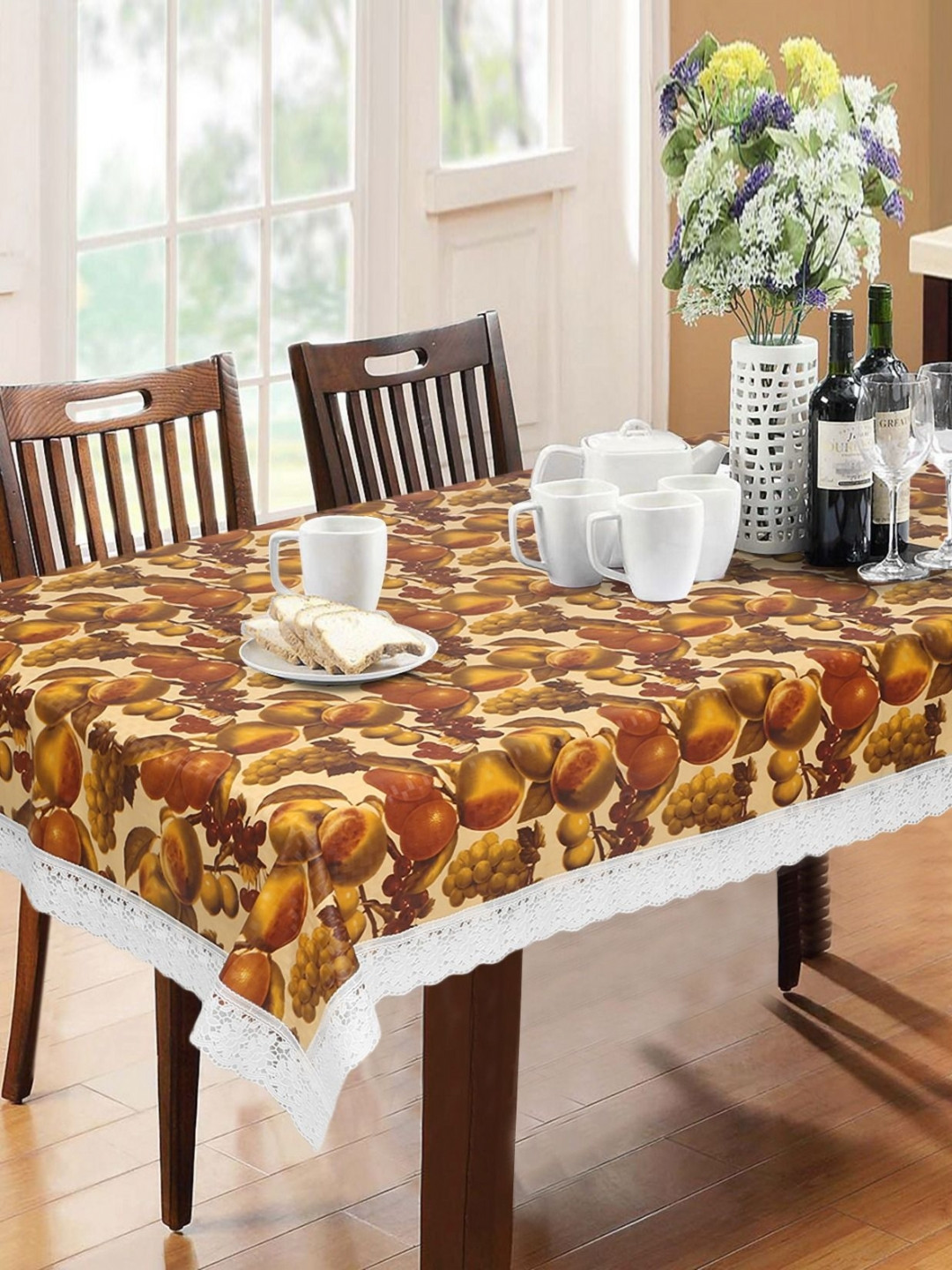LooMantha Brown & White Fruits Printed 6 Seater Table Cover