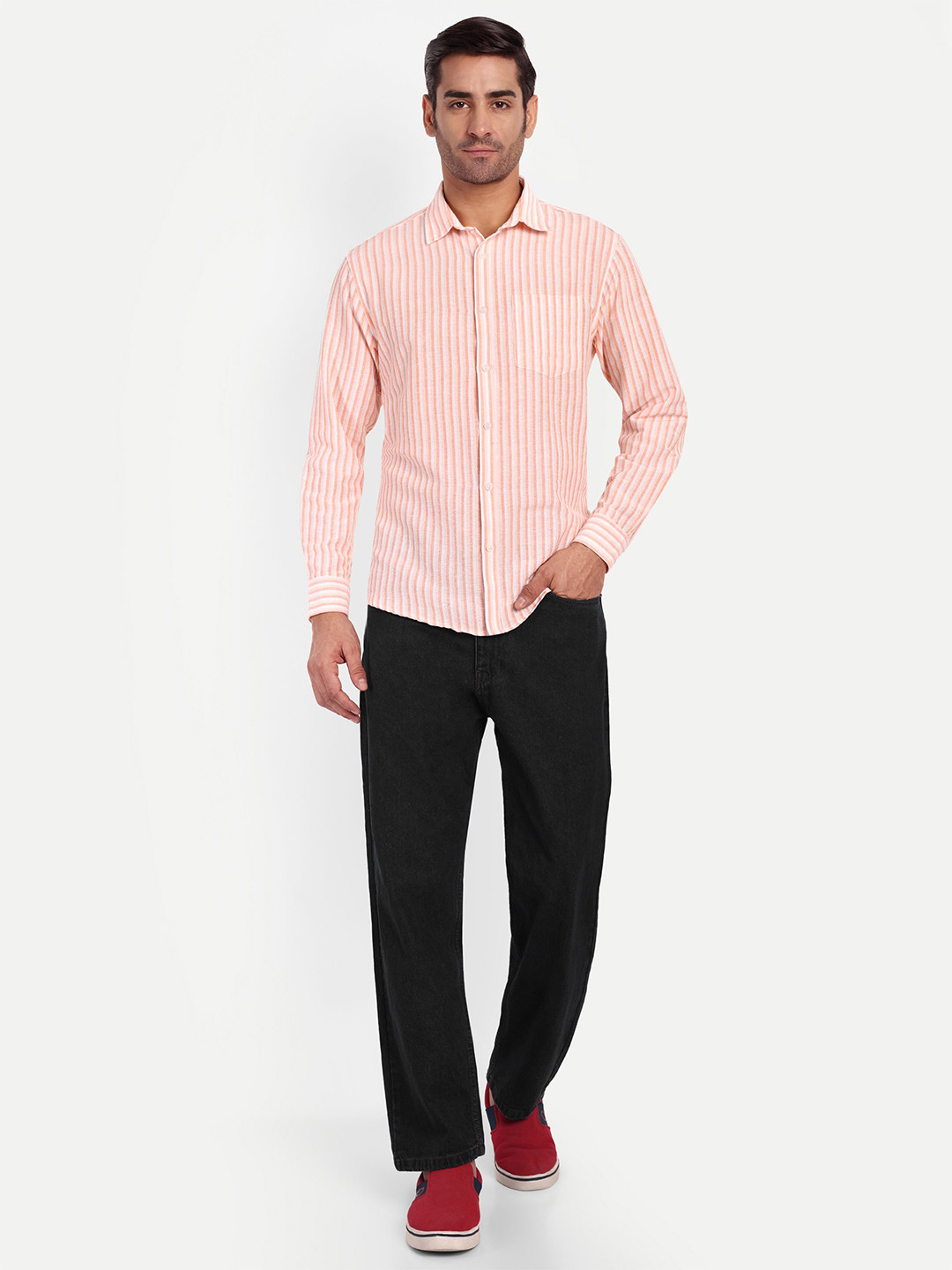 Springberry Men Comfort Spread Collar Vertical Striped Cotton Casual Shirt