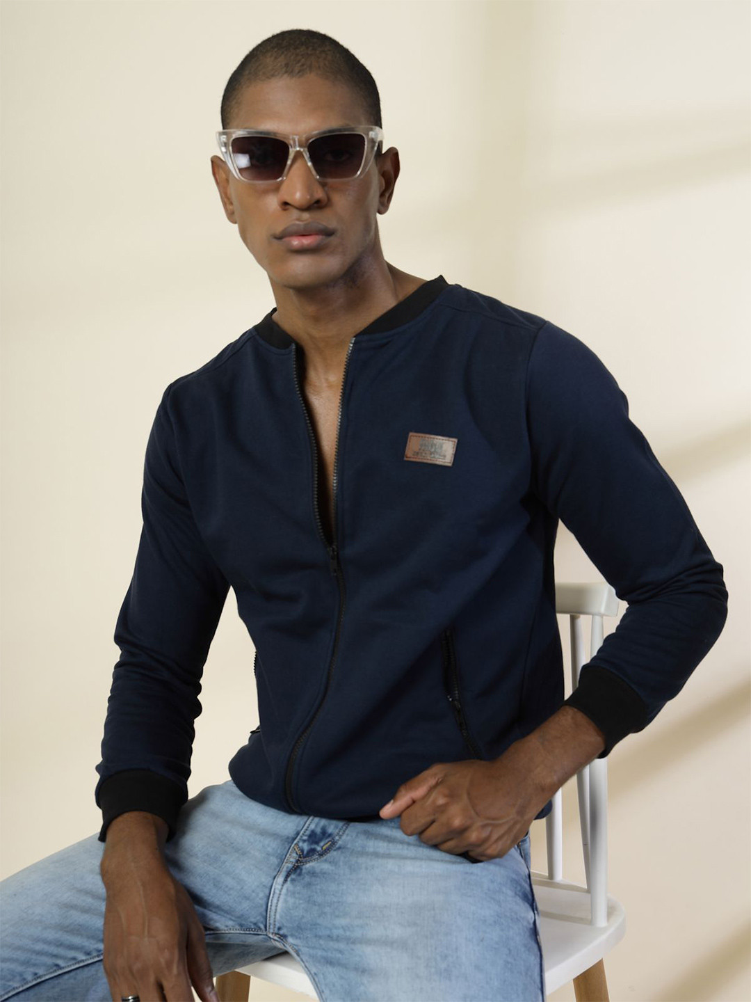Rigo Men Navy Blue Solid Mock Collar Sweatshirt