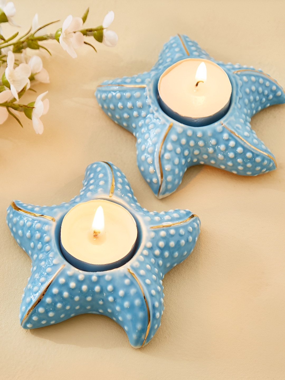 Home Centre Bleam Marine Blue 2 Pieces Starfish Ceramic Candle Holder
