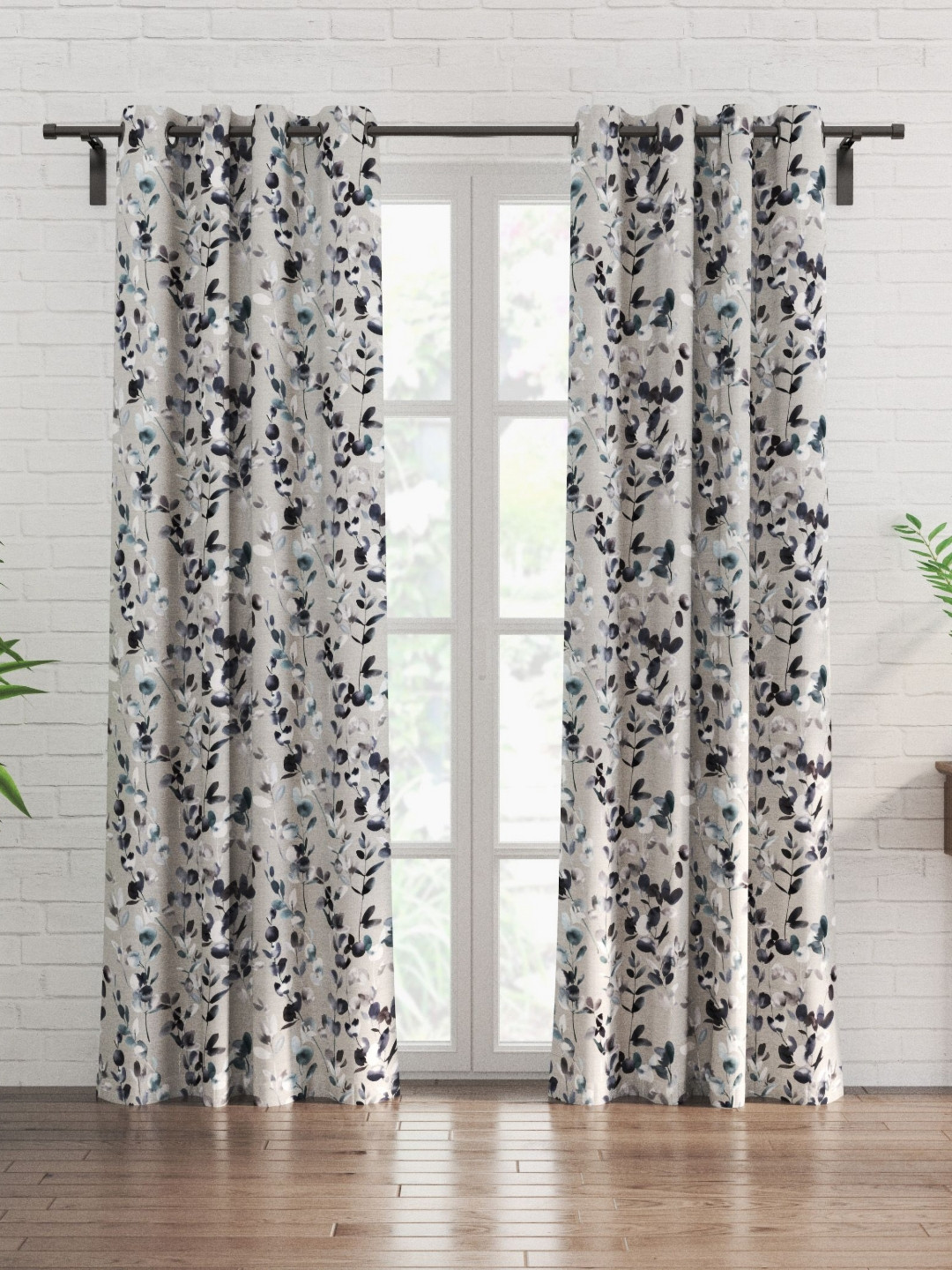 Home Centre Corsica Florish Grey & White 2 Pieces Floral Printed Door Curtain