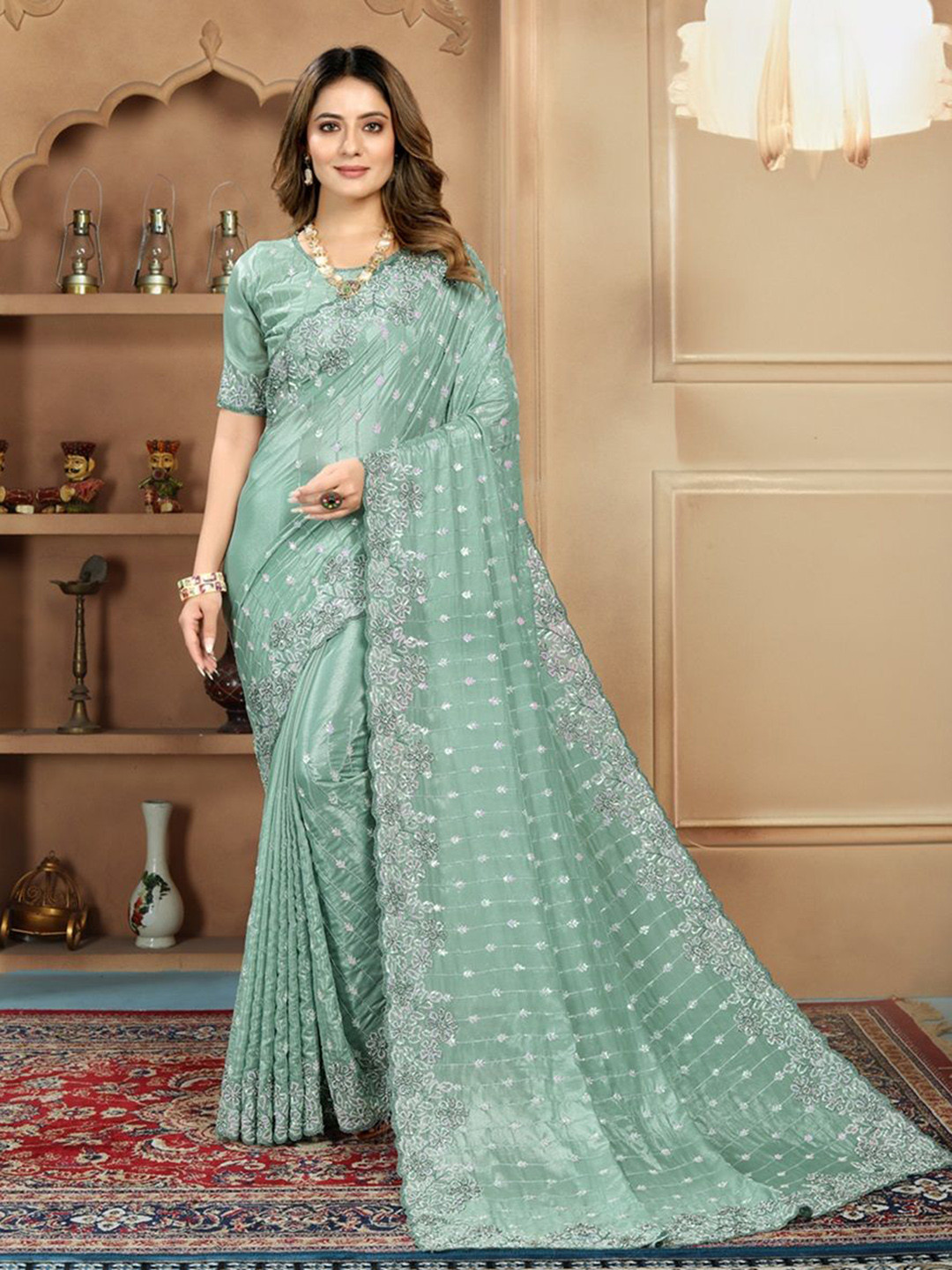 Arron Creats Floral Embroidered Pure Crepe Saree