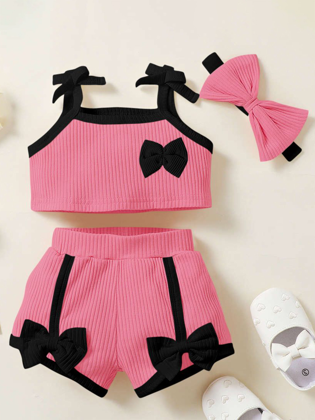 Emblica Kids-Girls Self Design Shoulder Straps Casual T-shirt With Shorts & Bow