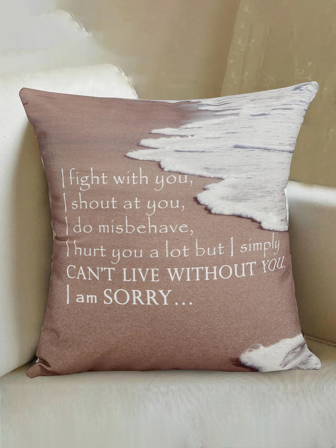 fnp White & Brown Printed Square Shaped Pre Filled Cushion