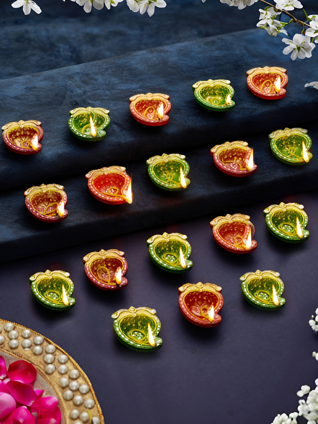 TIED RIBBONS Brown & Green 18 Pieces Decorative Oil Diya Pooja Essentials