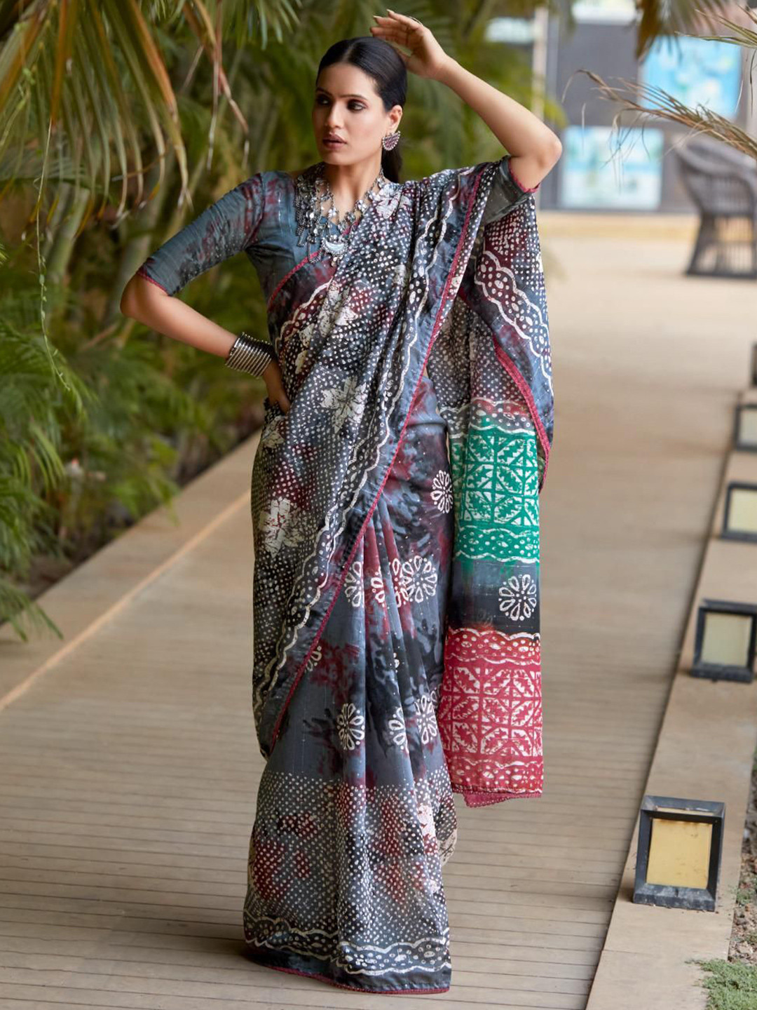 NK Textiles Ethnic Motif Block Print Lace Border Saree