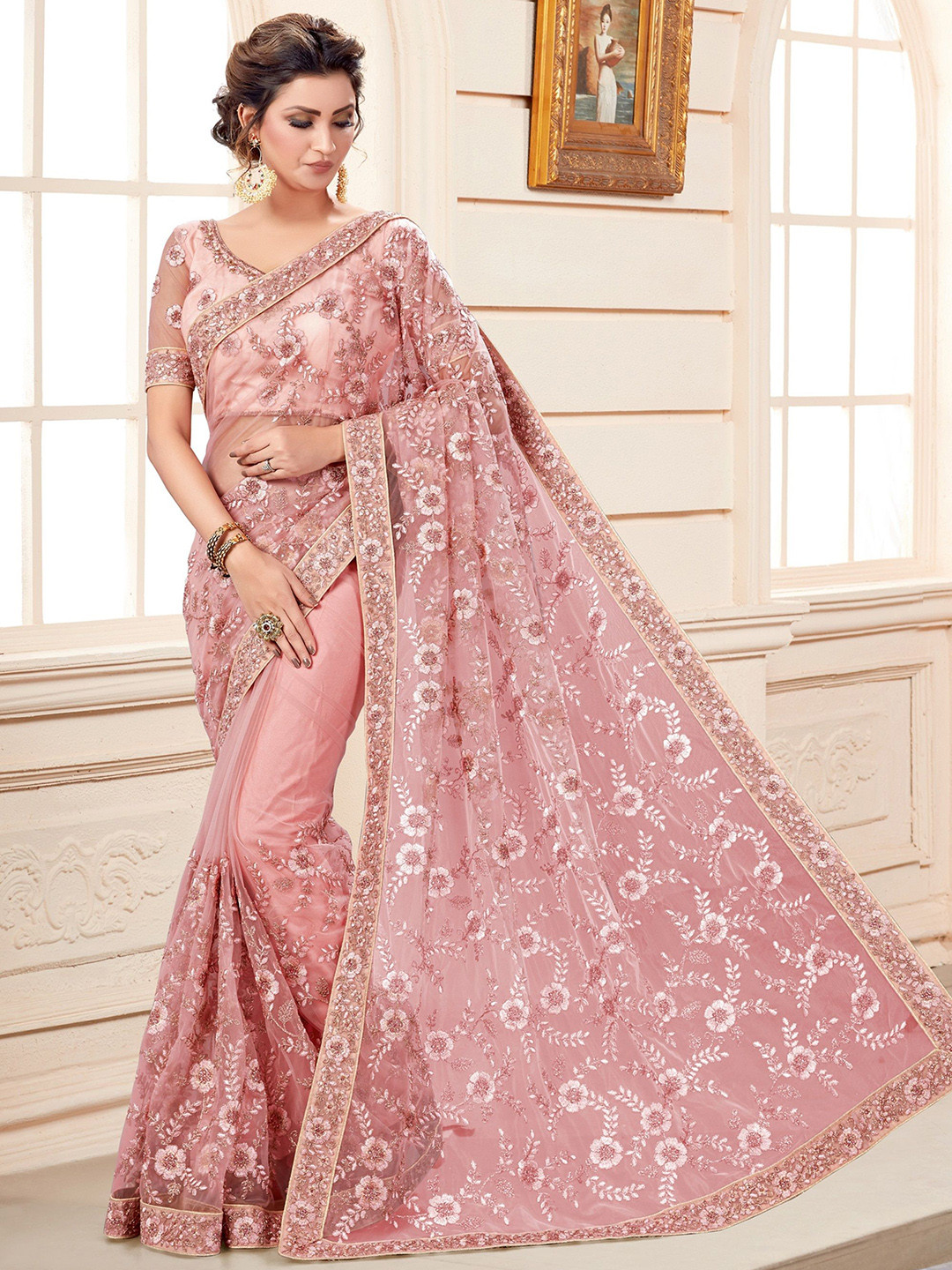Arron Creats Floral Embroidered Net Saree