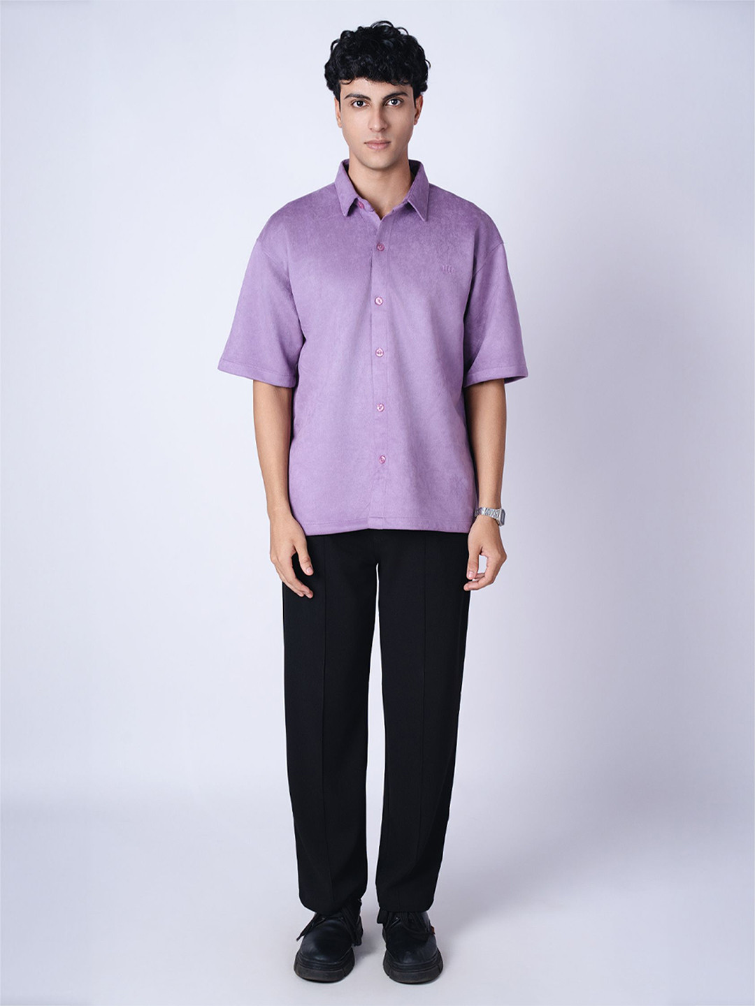 HOP HEAD Unisex Spread Collar Solid Suede Relaxed Fit Casual Shirt