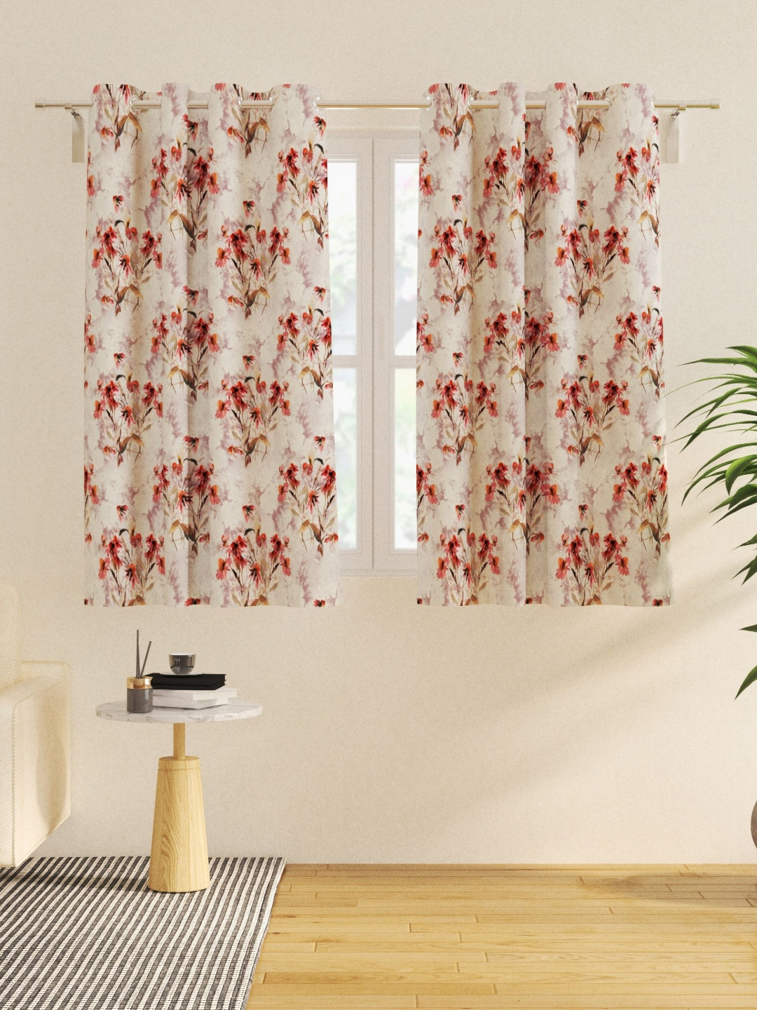 Home Centre Corsica Florish White & Orange 2 Pieces Floral Printed Window Curtain