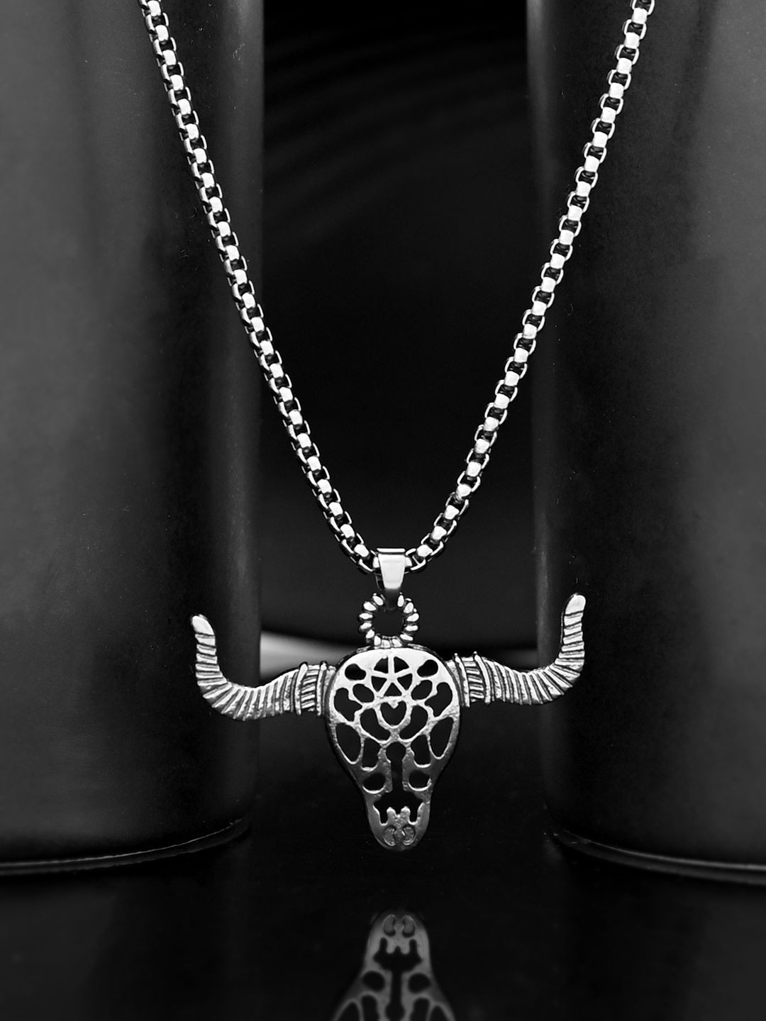 Voylla Eclipse Men Rhodium-Plated Black Bull Pendants with Chains