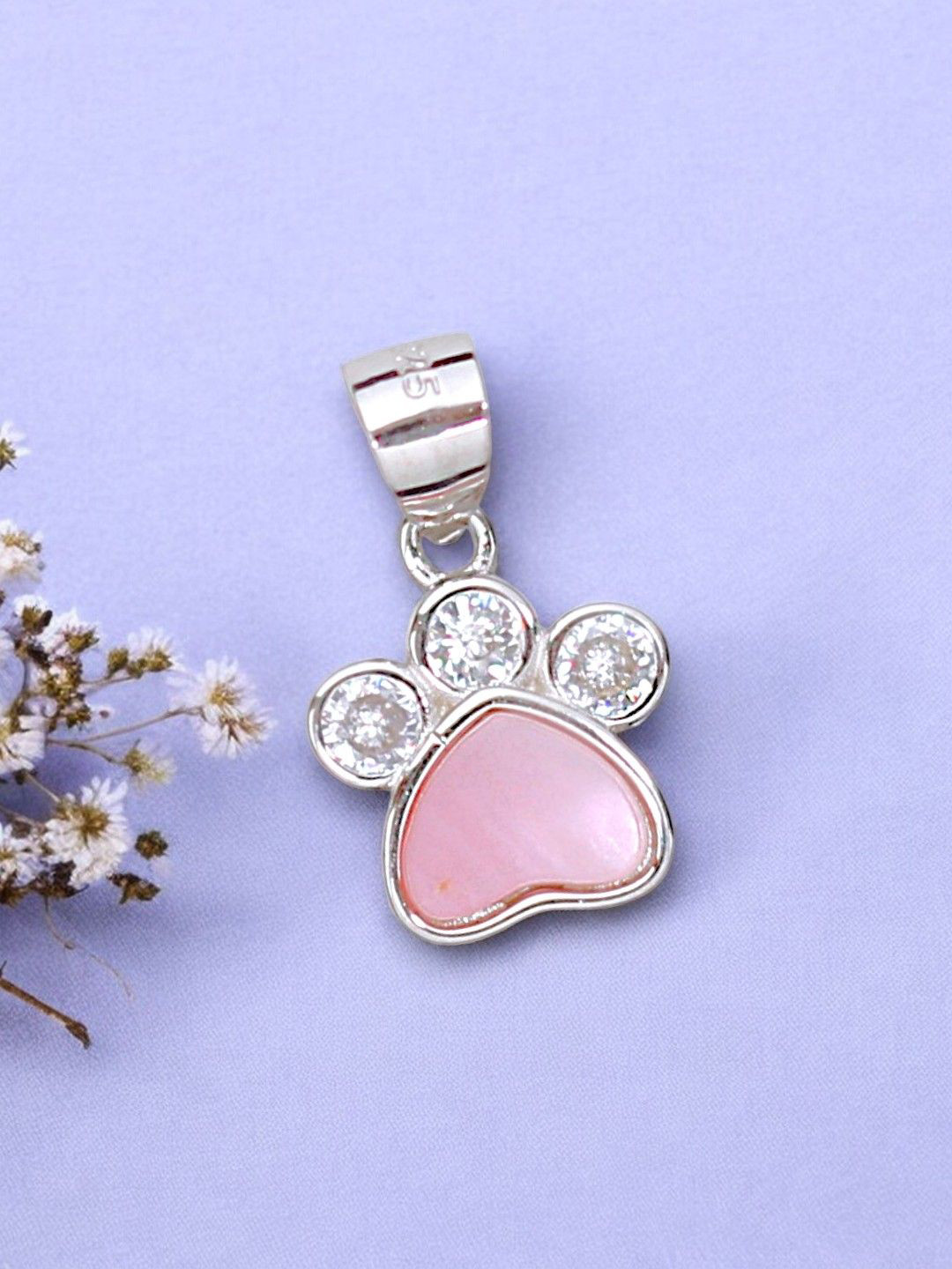 Taraash 925 Sterling Silver Rhodium-Plated CZ Studded & Mother of Pearl Paw Shaped Pendant