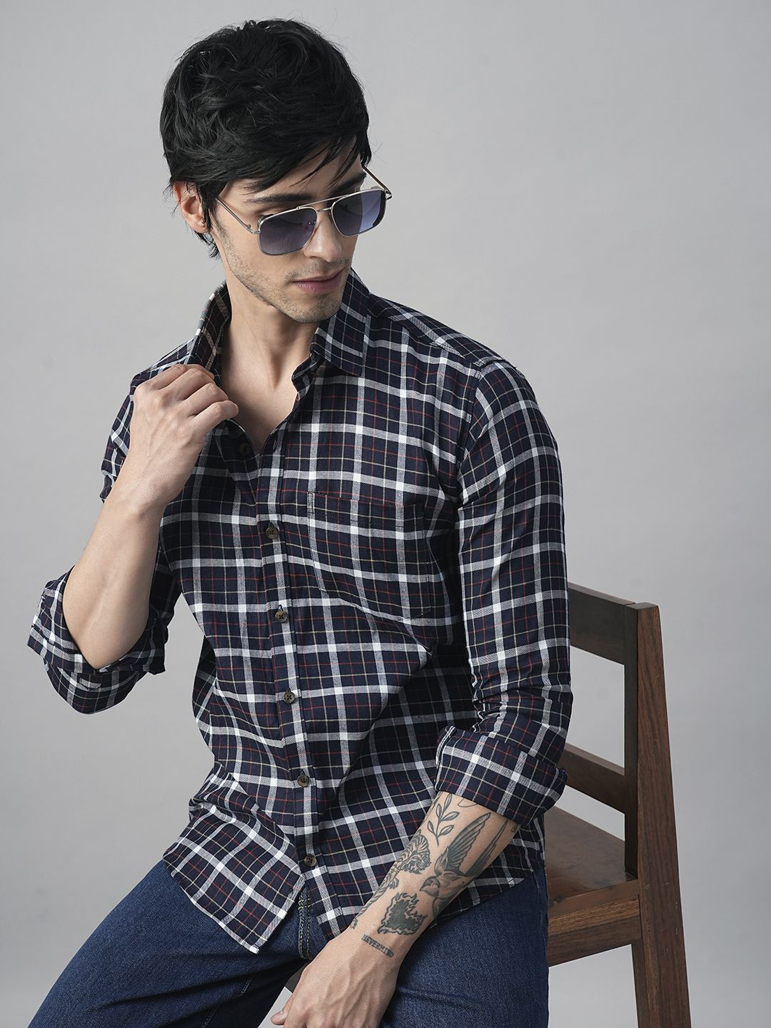 TRYBUY.IN Men Standard Spread Collar Buffalo Checked Cotton Casual Shirt