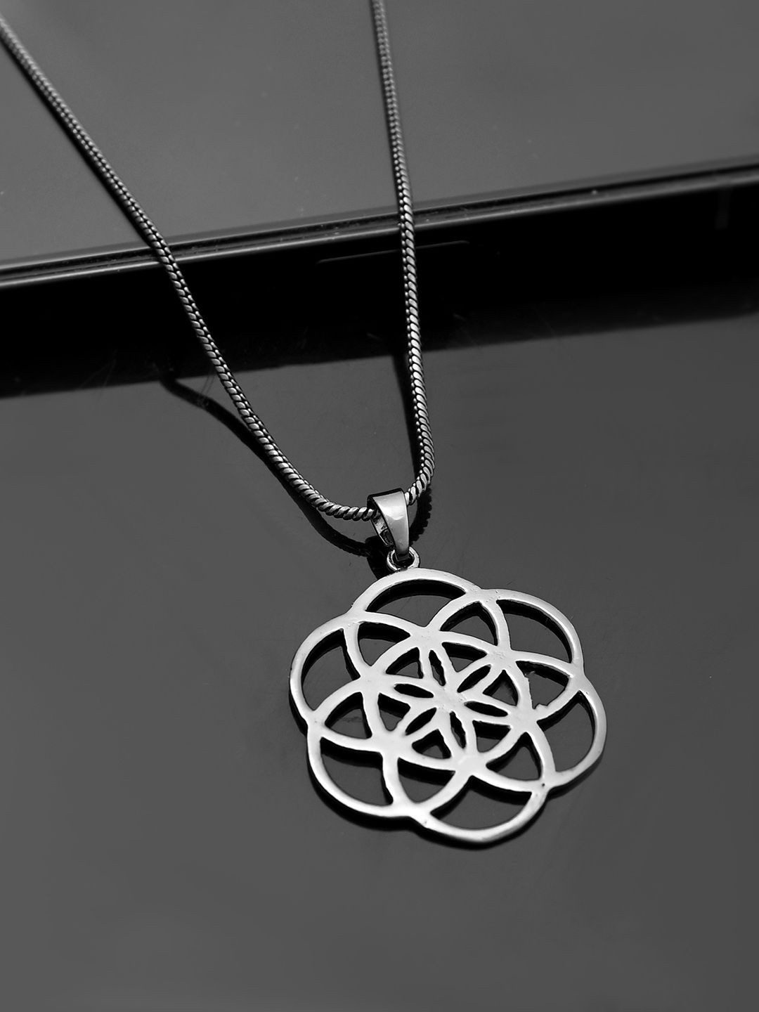 Voylla Men Rhodium-Plated Eclipse Intricately Designed Pendant With Chain