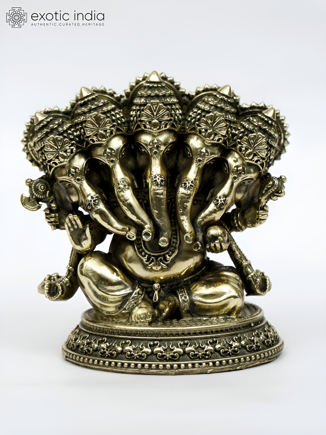 Exotic India Panchamukhi Ganesha Gold Brass Metallic Prayer Room Small Showpiece - 3.3 Inches