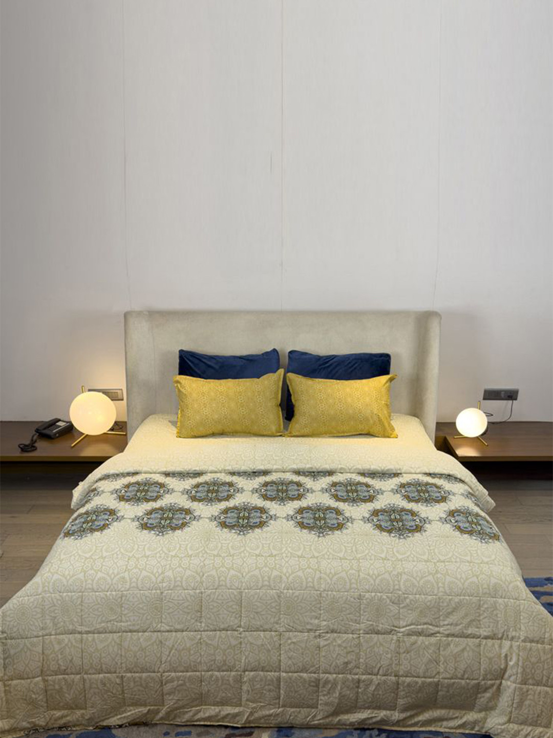 LABHAM Mustard & Grey Floral Printed Pure Cotton Double King Superfine Bedding Set