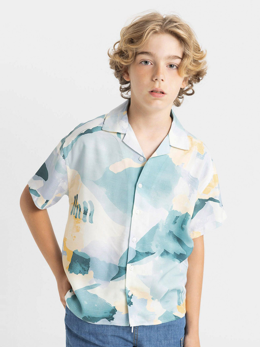 DeFacto Boys Cuban Collar Abstract Printed Casual Shirt